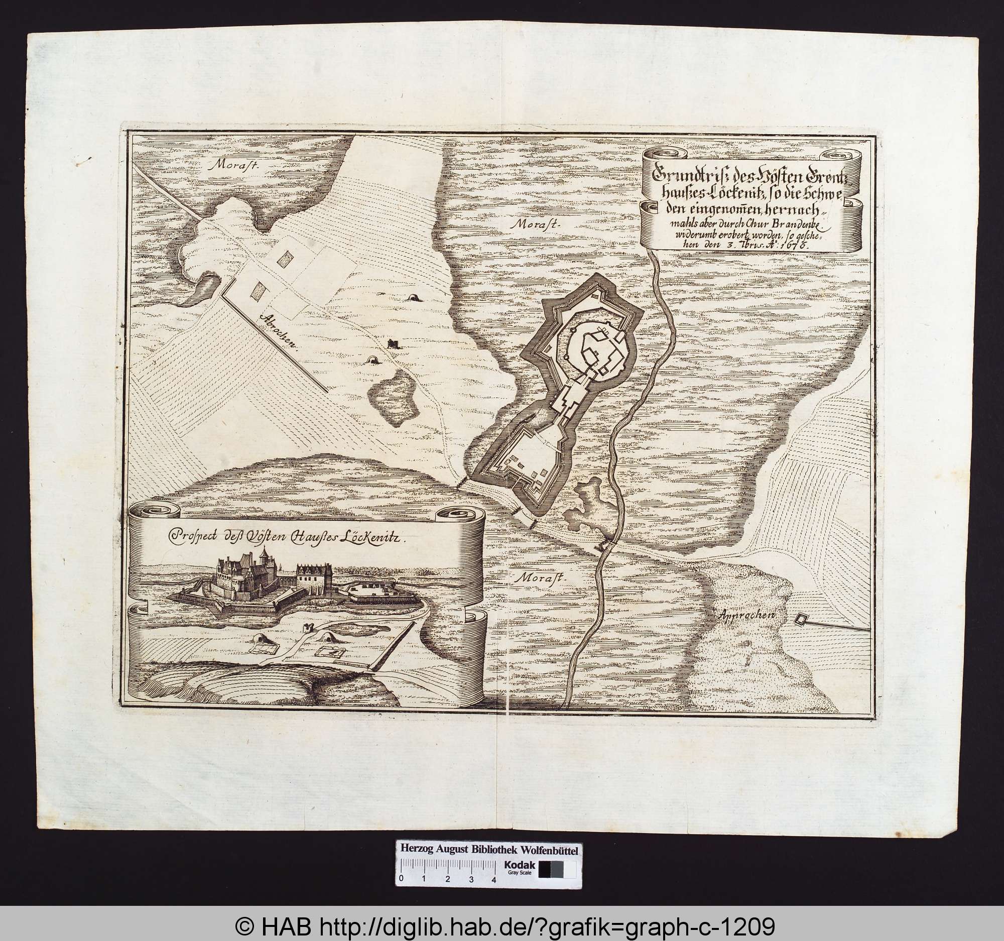 Grundtriß des Vösten Grentzhauses Löckenitz, so die Schweden eingenommen, hernachmahl aber durch Chur Brandenbe. widerumb erobert worden, so geschehen den 3. bris 1676