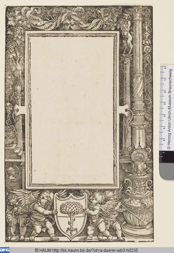 Titeleinfassung für Pirckheimer mit dem von zwei Putten gehaltenen Wappenschild, Albrecht Dürer, 1491–1528