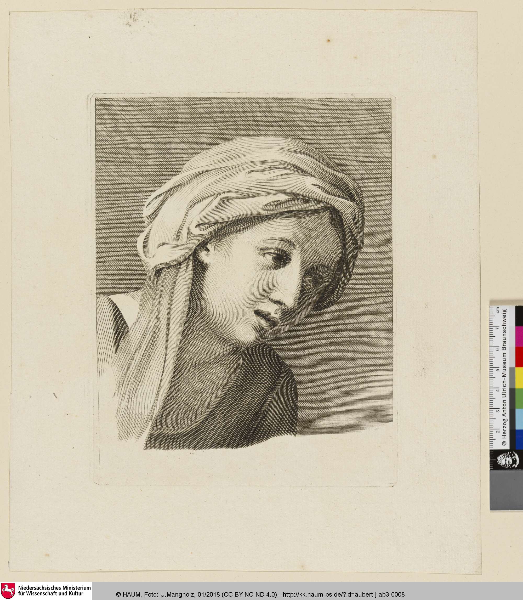 Livre de Differentes Etudes pour le Dessein [Kopf einer Frau mit Kopftuch nach rechts blickend (Sibylle?)], Gabriel Huquier, 1700–1741