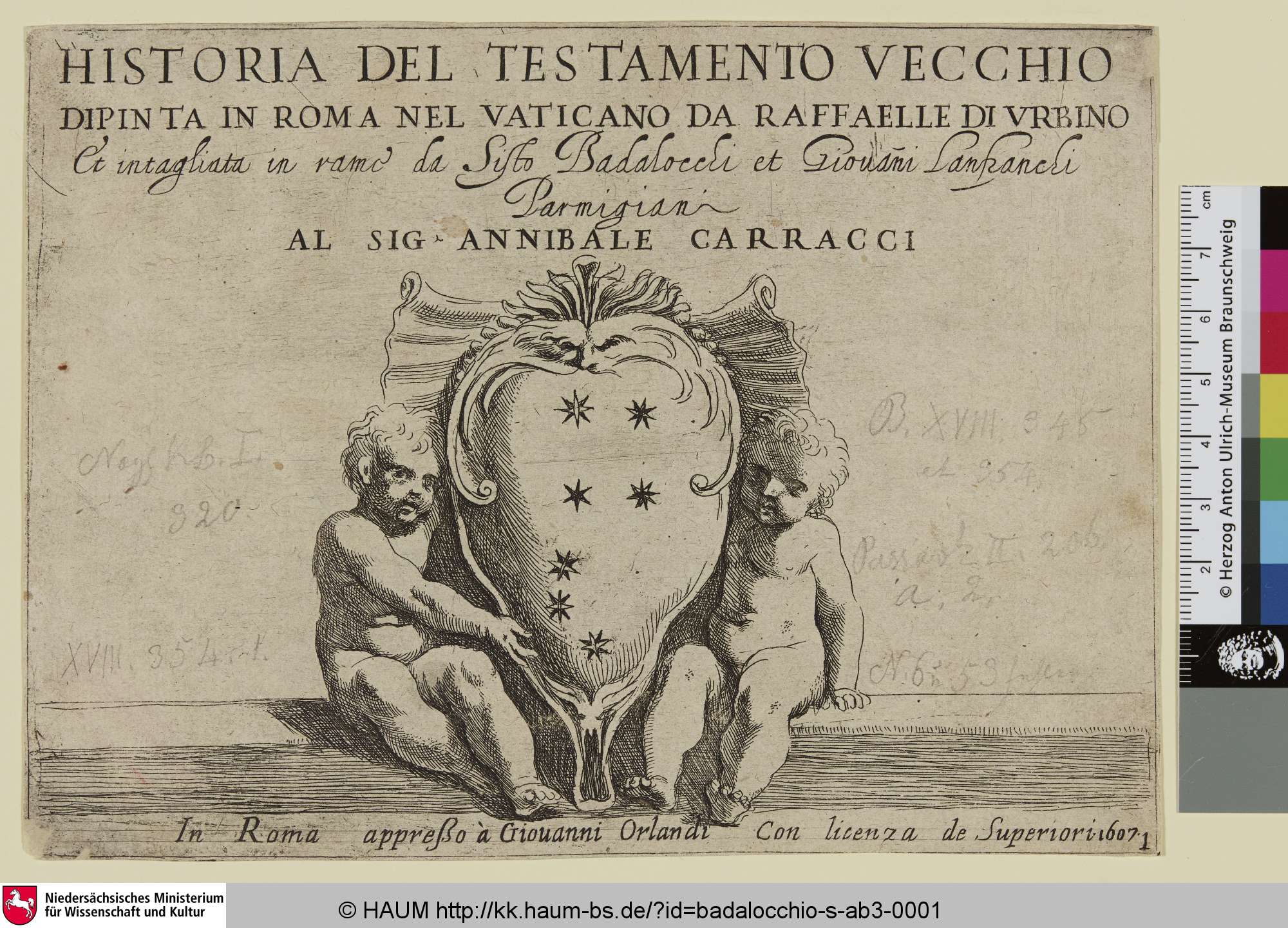 Historia del Testamento Vecchio Dipinta in Roma nel Vaticano da Raffaele di Urbino [Frontispiz], Sisto Badalocchio, 1606–1607