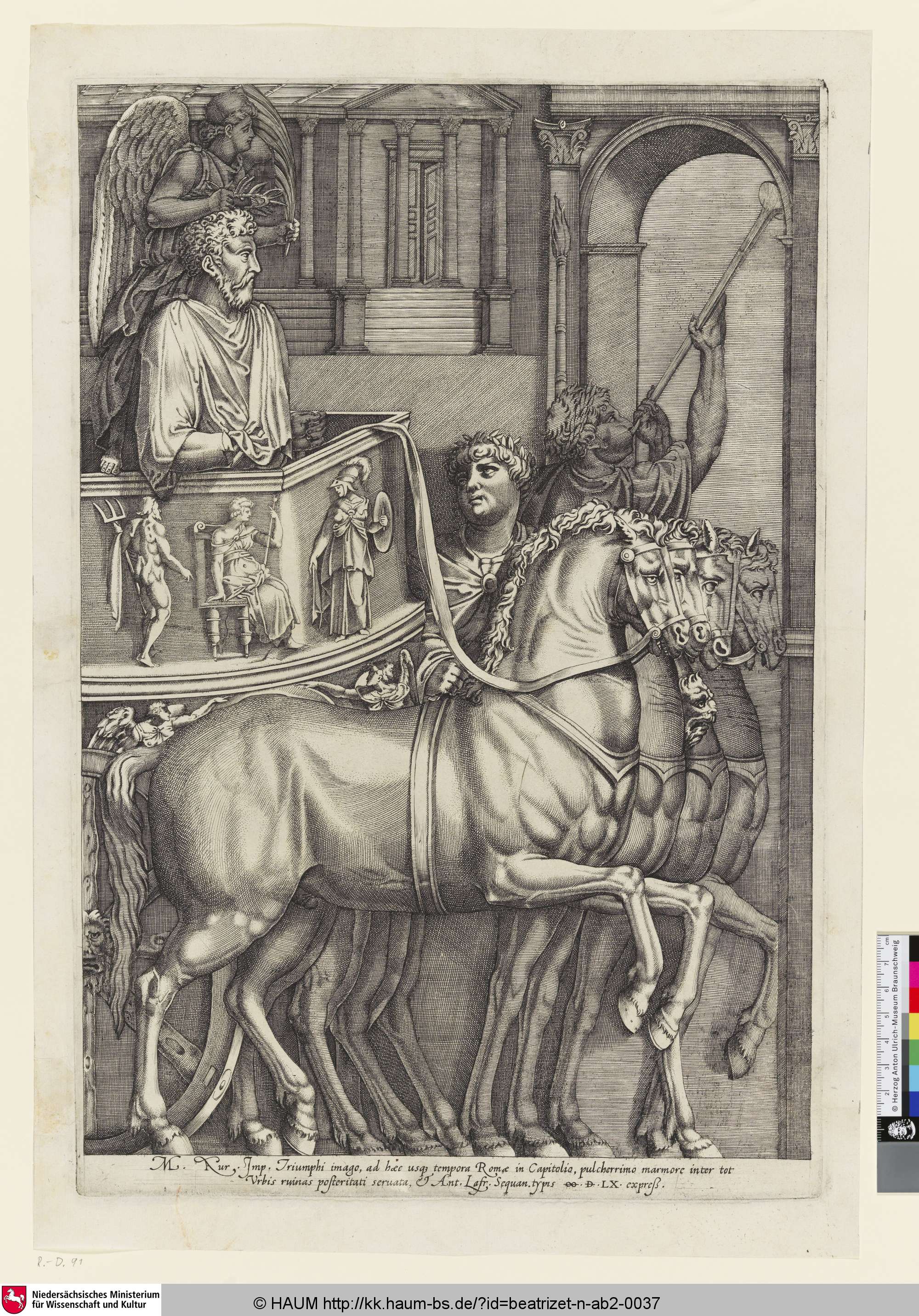 [L'empereur Marc-Aurèle entrant en triomphe dans le capitol; Marcus Aurelius Entering the Capitol in Triumph; Trionfo di Marco Aurelio; Marc Aurel als Triumphator auf dem Viergespann], Nicolas Beatrizet, 1583