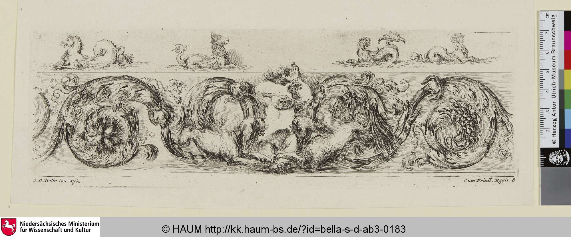 Ornament mit Kind und Hunden, Stefano della Bella, 1648