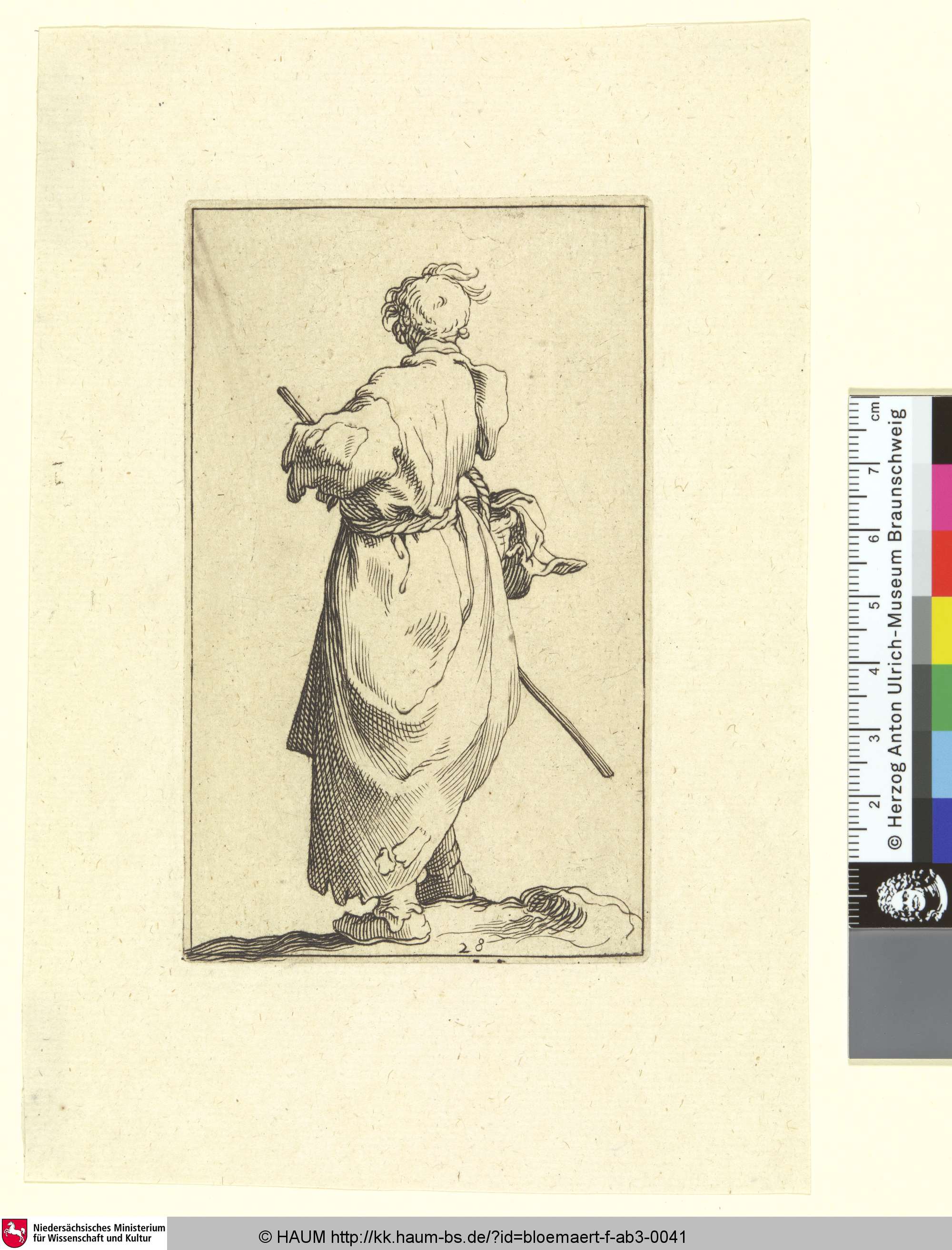 [A Peasant; Junger Mann mit langem Gewand in Rückansicht, einen Stab und enen Korb tragend], Nicolaes Visscher, 1636–1690