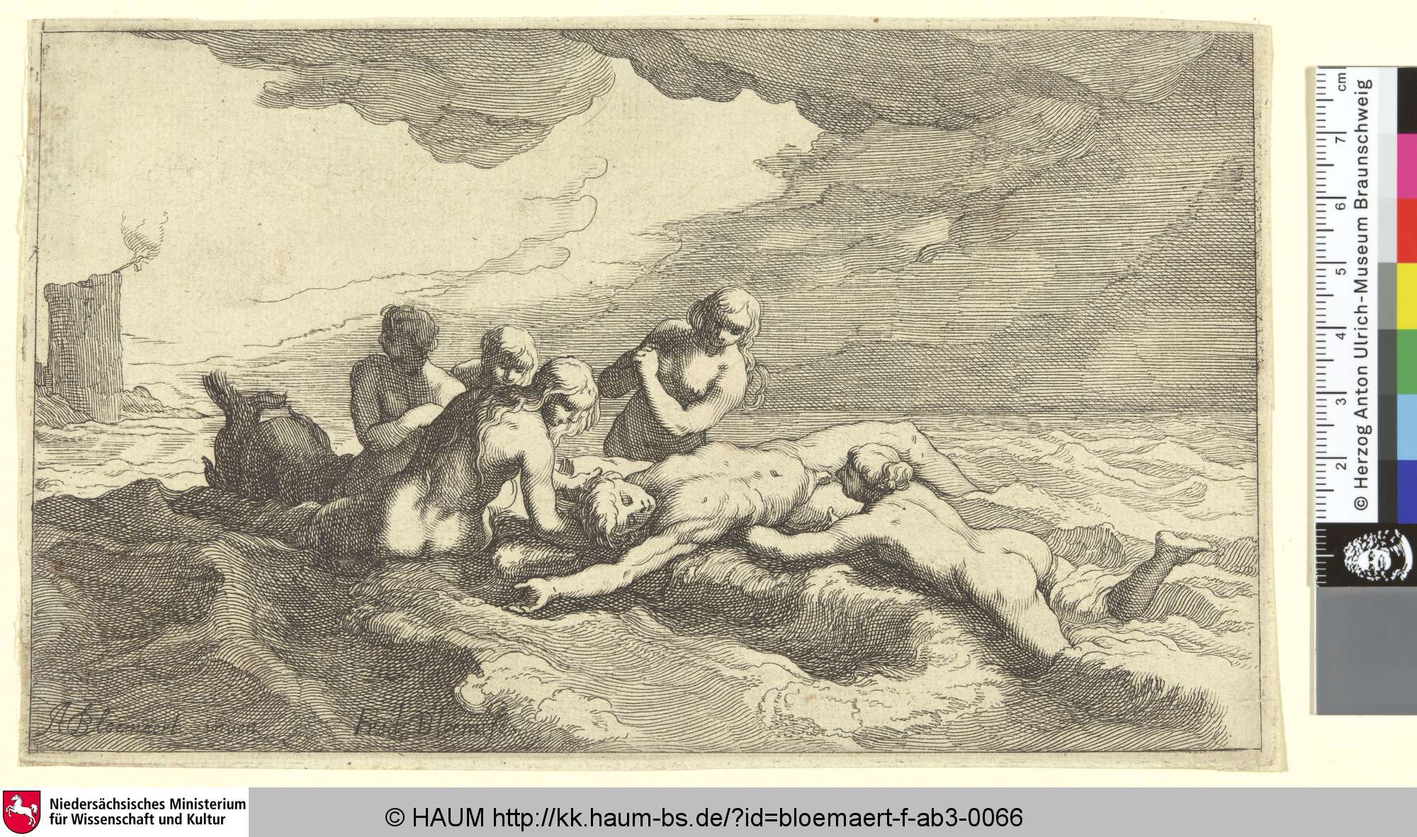 [Hero and Leander; Hero und Leander; Der ertrunkene Leander liegt von Nymphen umgeben am Strand, im Hintergrund Heros erloschene Fackel im Turm], Abraham Bloemaert, 1636–1690