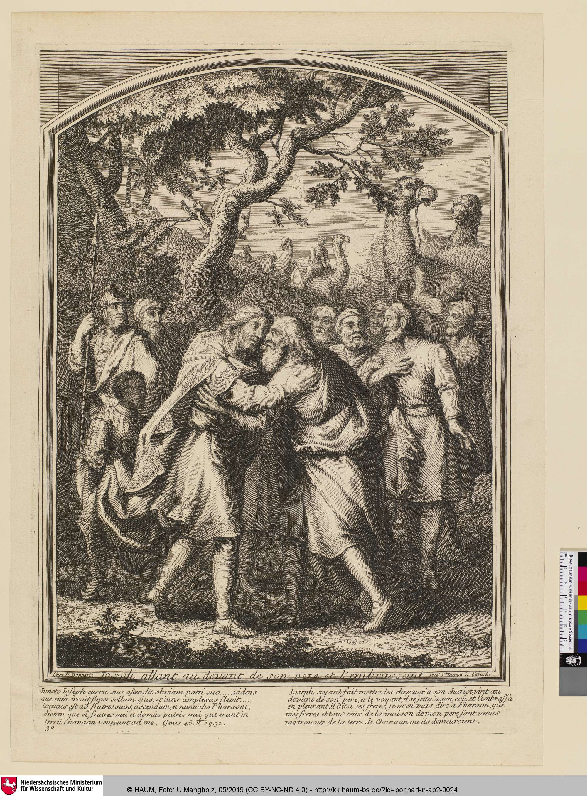 Joseph allant au devant de son pere et l'embrassant. [Joseph geht seinem Vater entgehen und umarmt ihn], Nicolas Bonnart, 1657–1718