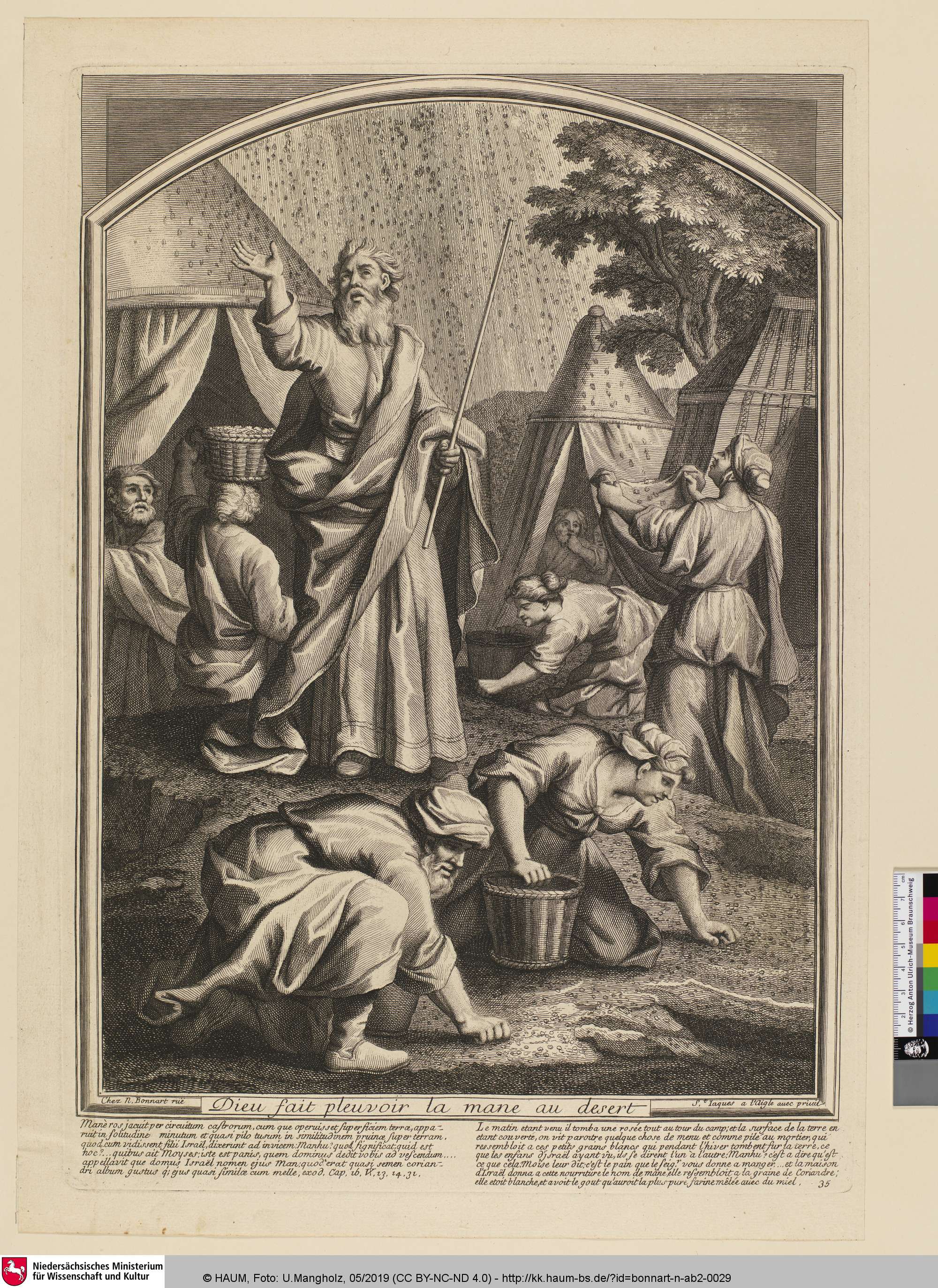 Dieu fait pleuvoir la mane au desert [Gott hat Manna in der Wüste regnen lassen], Nicolas Bonnart, 1657–1718