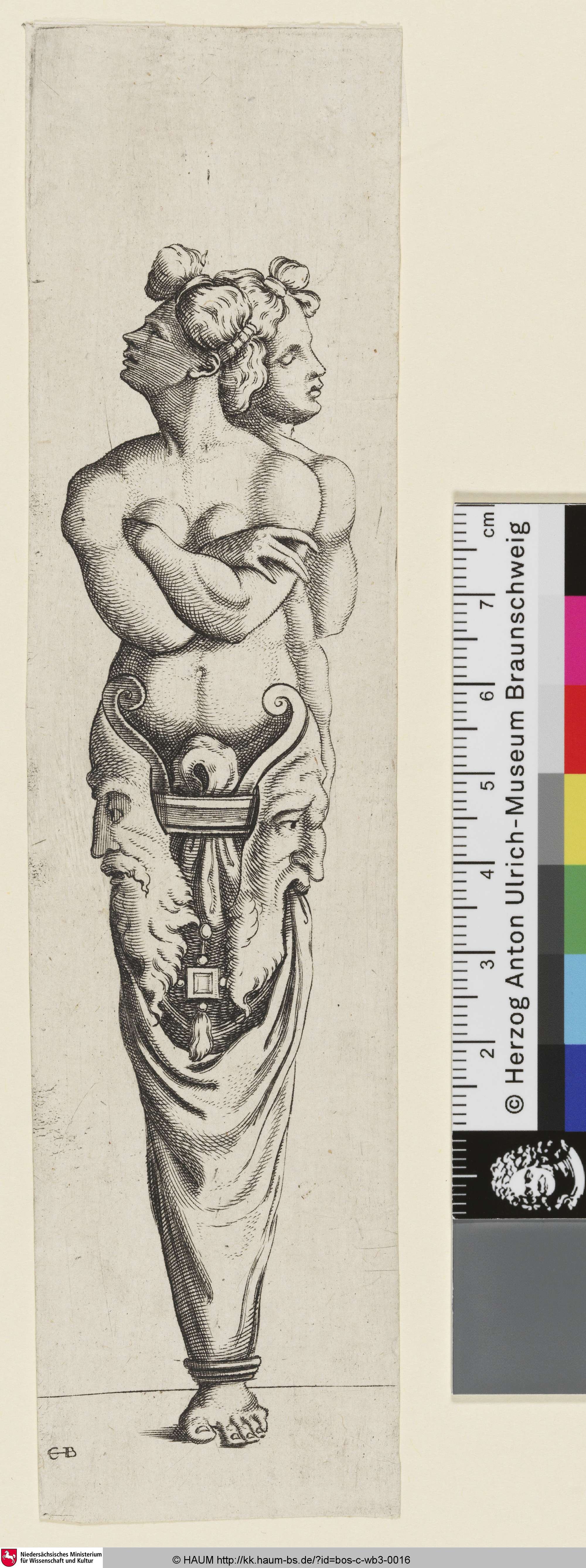 [Doppelte Karyatide mit Masken an den Hüften und einem Standfuß; Double-caryatide], Cornelis Bos, 1526–1556