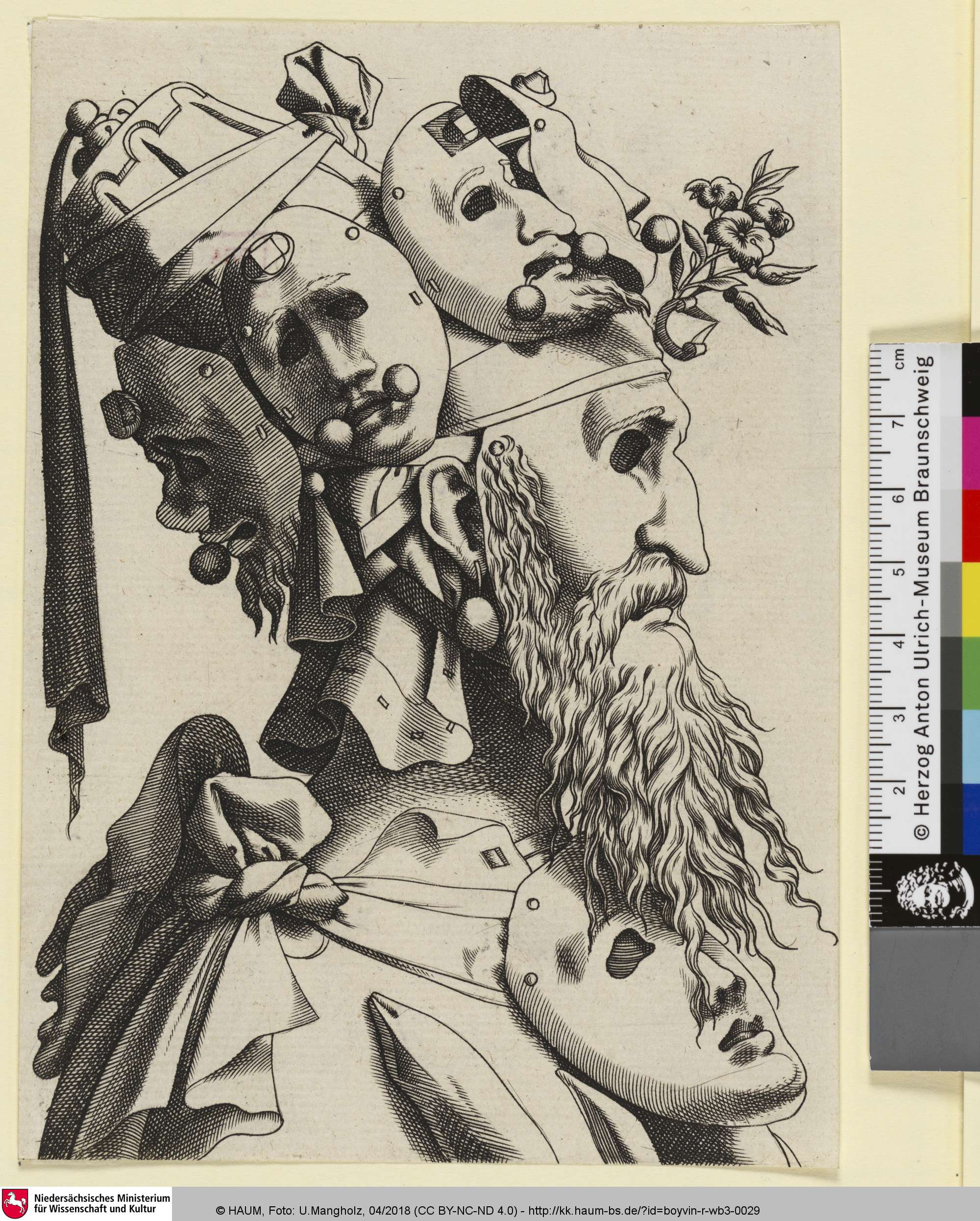 [Männliche Büste im Profil nach rechts mit Maske und Blumen und weiteren Masken als Zierde der Kopfbedeckung sowie um die Brust gebunden], René Boyvin, 1545–1588