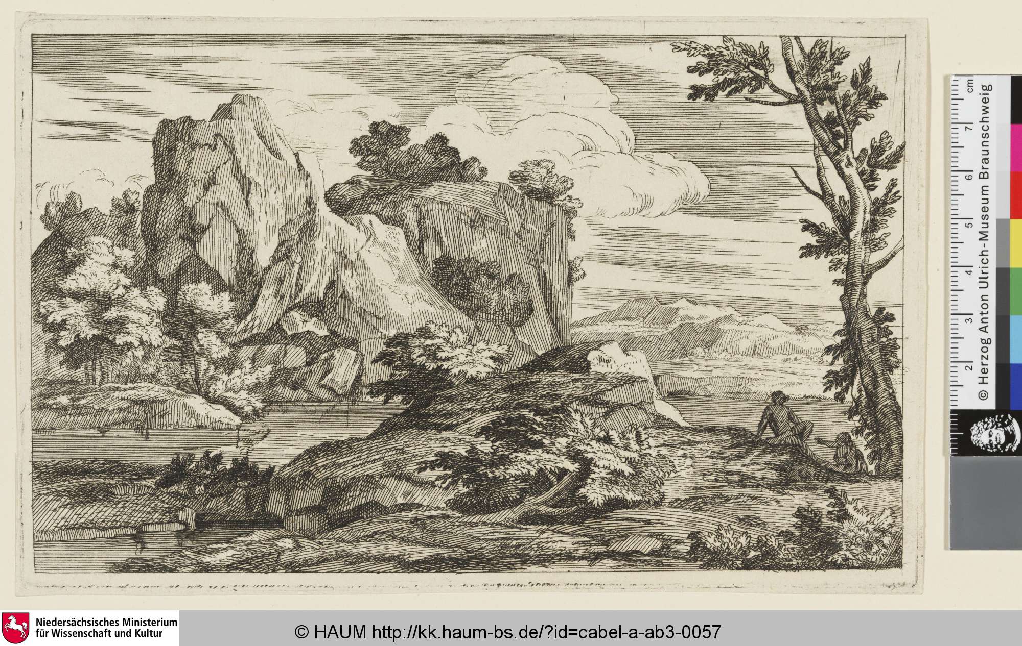 [Flusslandschaft mit einem Liebespaar am rechten Bildrand], Adriaen van der Cabel, 1630–1705