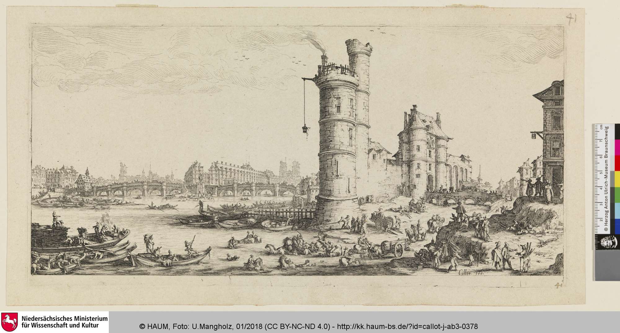 [Kleine Ansicht von Paris; Vue du Pont-Neuf, de la Tour et de l'ancienne Porte de Nesle.], Jacques Callot, 1612–1635