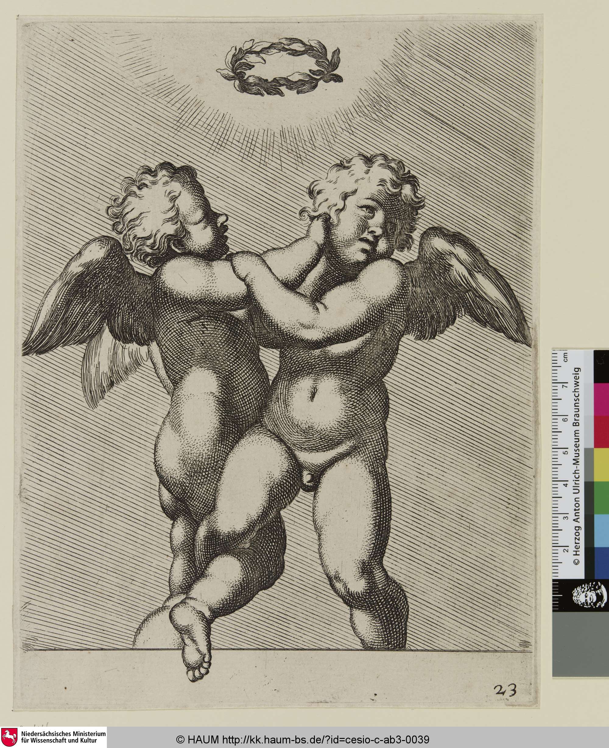 [Deux Amours qui luttent ensemble. On remarque au-dessus d'eux une couronne de laurier en l'air], Carlo Cesio, 1646–1686
