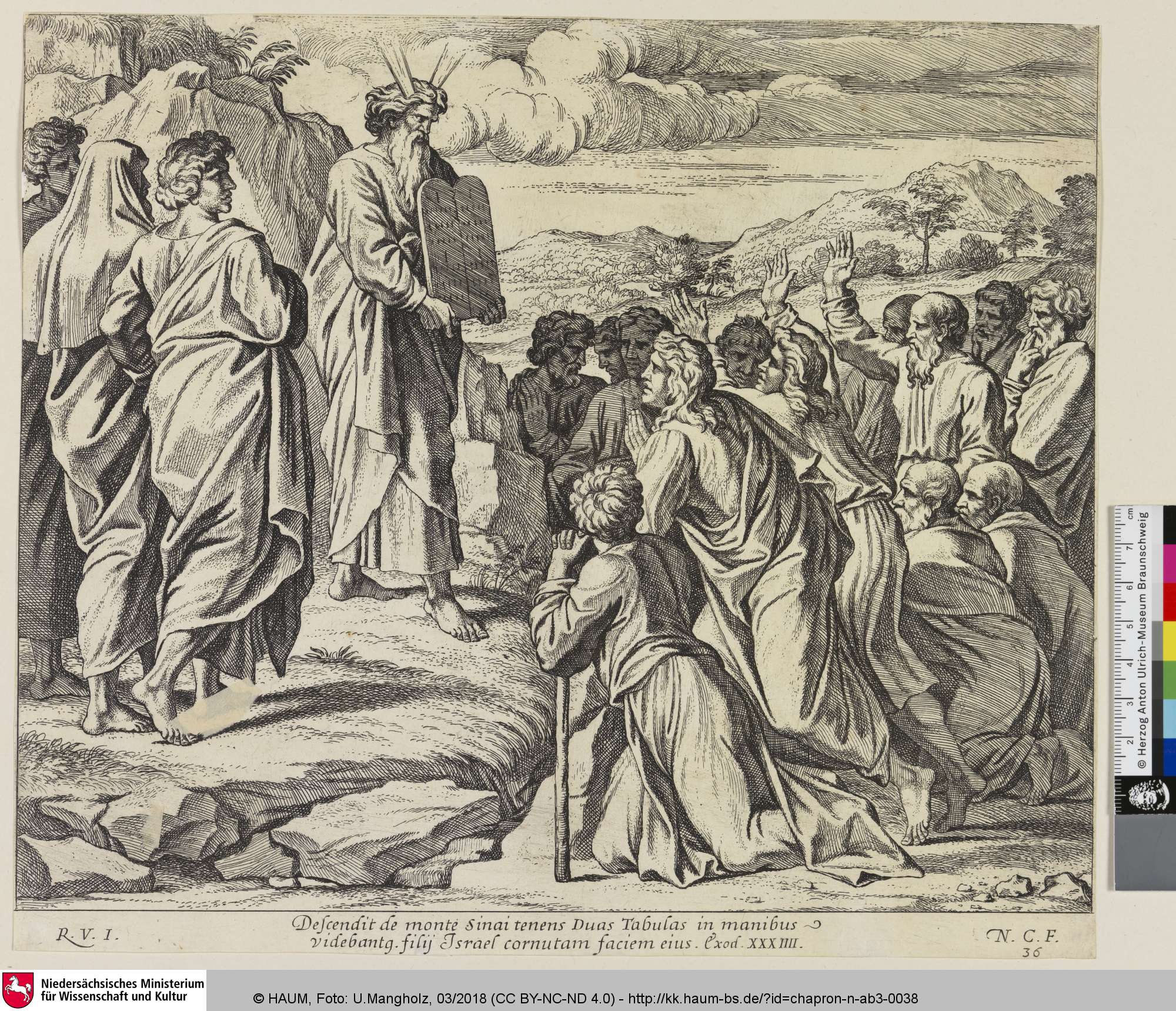 [Moses zeigt den Menschen die Gesetzestafeln.; Moise montrant au peuple les tables de la Loi.], Raffael, 1632–1649