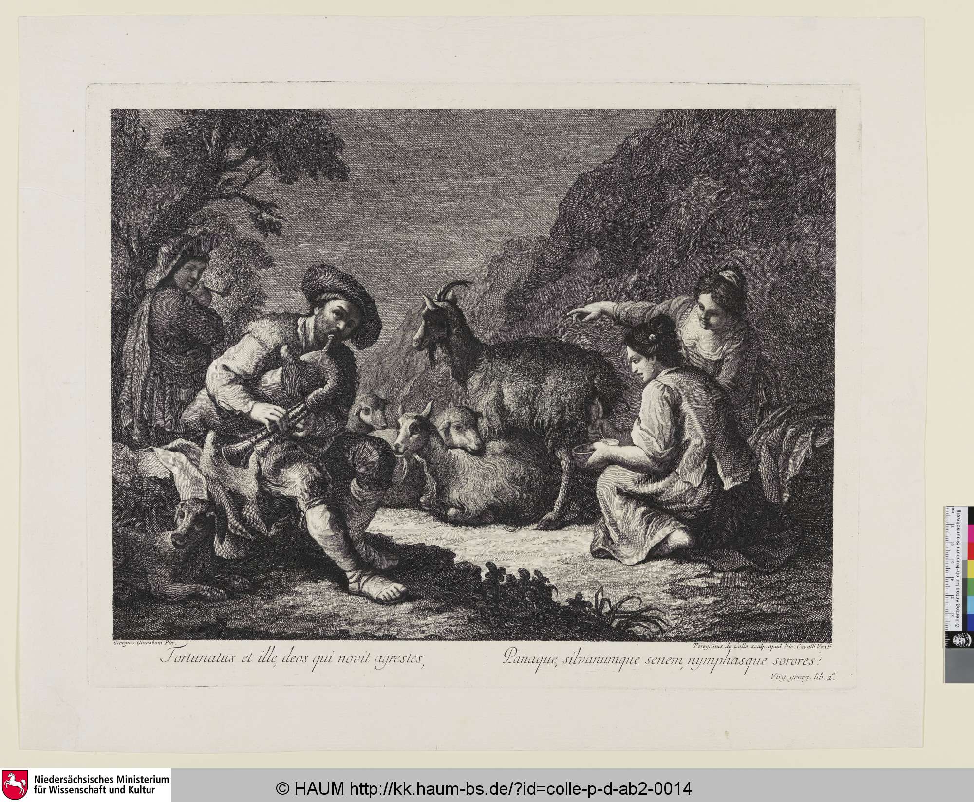 Fortunatus et ille, deos qui novit agrestes, Panaque, silvanumque senem, nymphasque sorores? [Zwei Frauen rechts, eine melkt eine Ziege, ein Manne vorne links spielt Dudelsack], Giorgio Giacoboni, 1757–1812