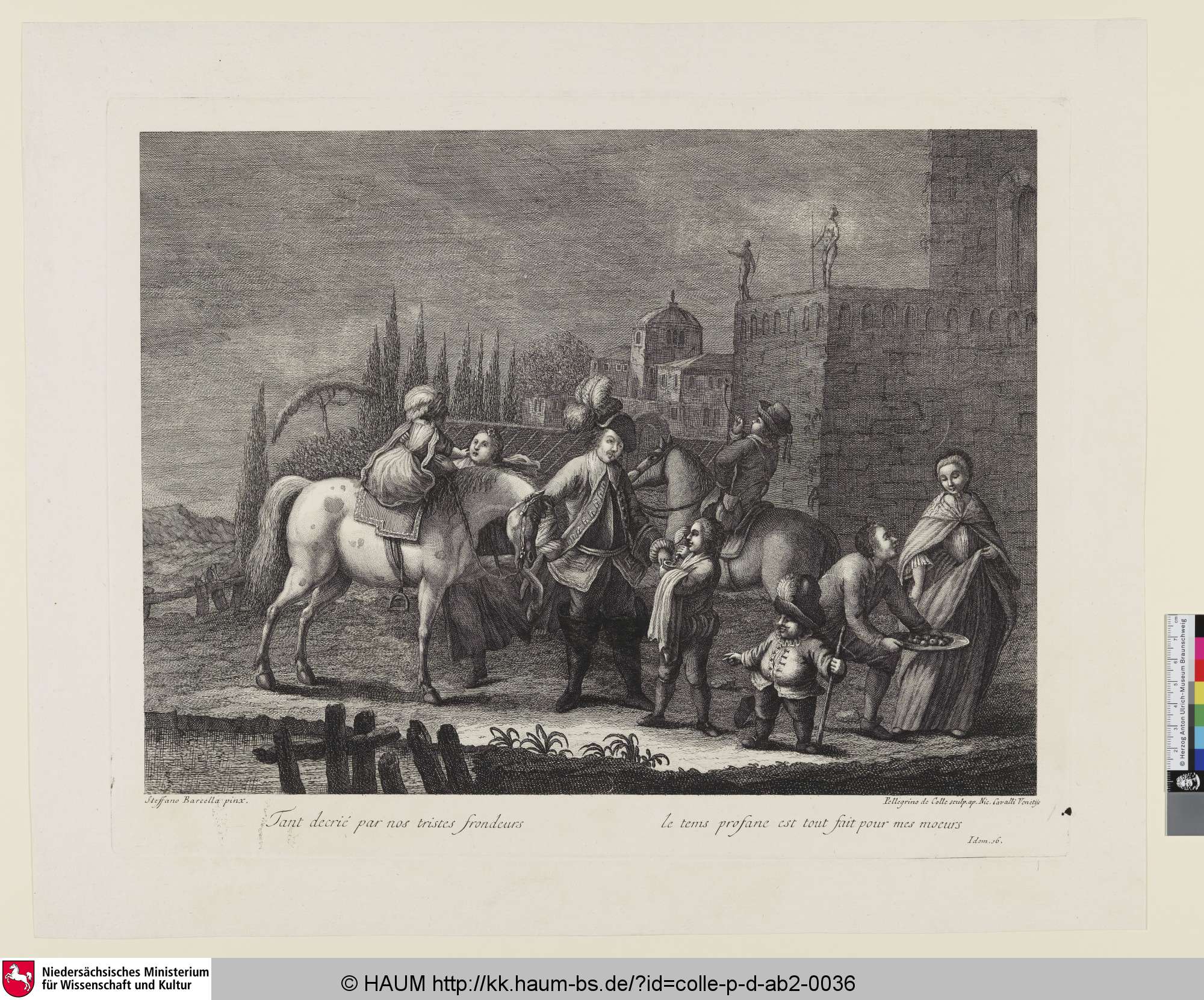 Tant decrié par nos tristes frondeurs le tem[p]s profane est tout fait pour mes moeurs [Gesellschaft von Stand mit zwei Pferden, Dienstboten und Zwerg als Narr], Stephano Barcella, 1757–1812