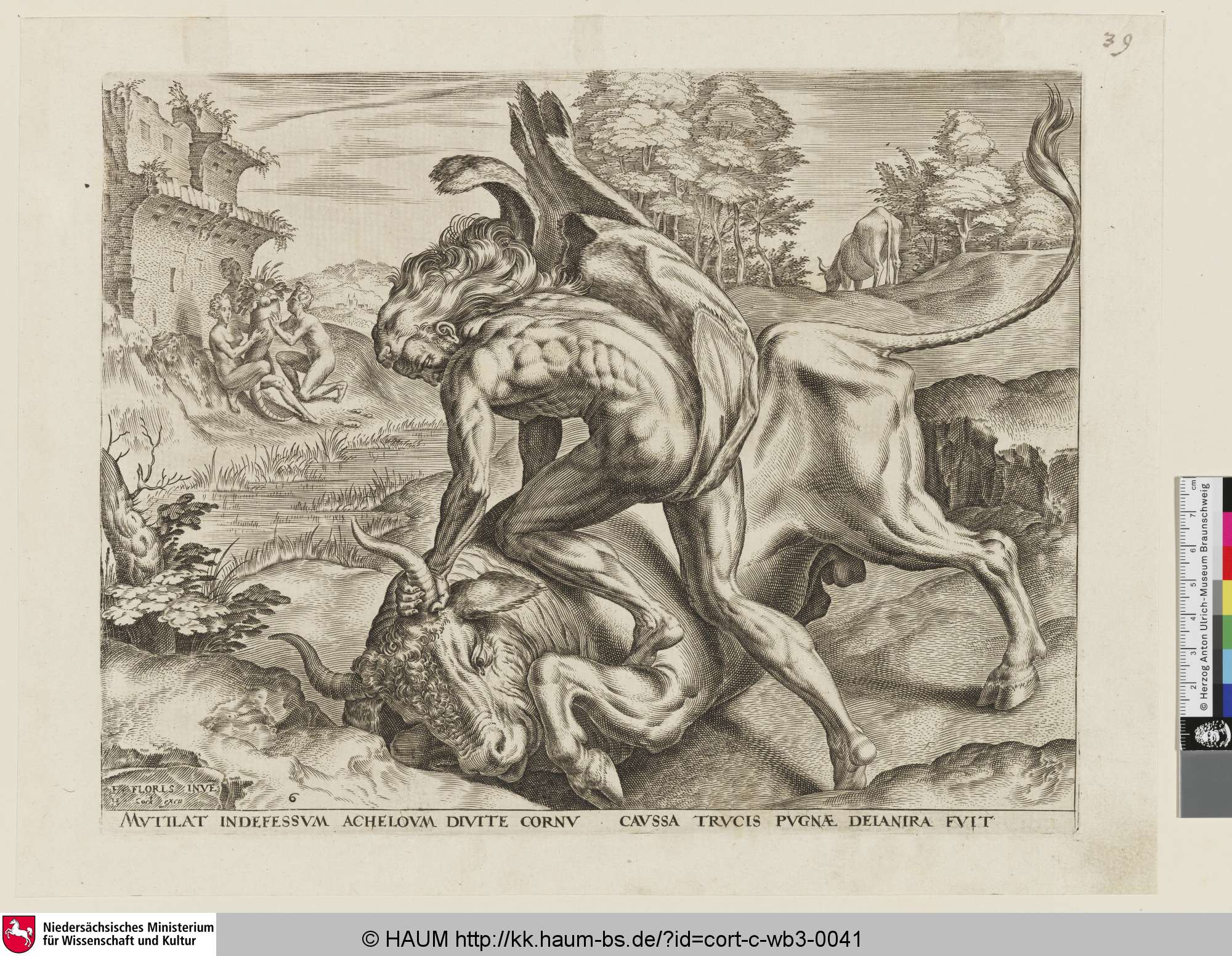 [Herakles kämpft mit Achelous in Gestalt eines Stieres; Hercules struggles with Achelous, in the shape of a bull; Hercule terrassant Achelous changé en taureau], Simon Jansz. Kies, 1563