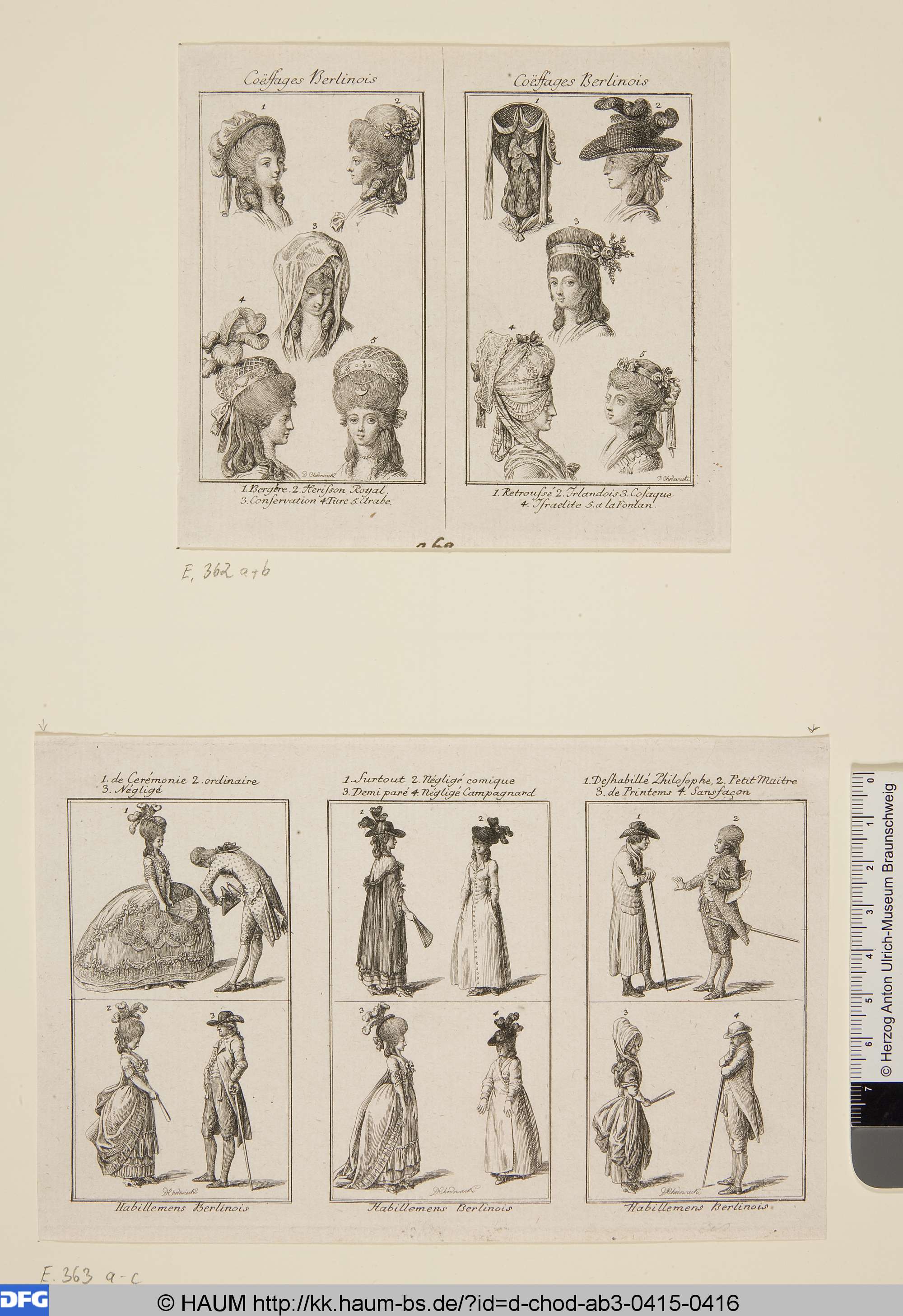 Oben: Coeffages Berlinois, Daniel Chodowiecki, 1781