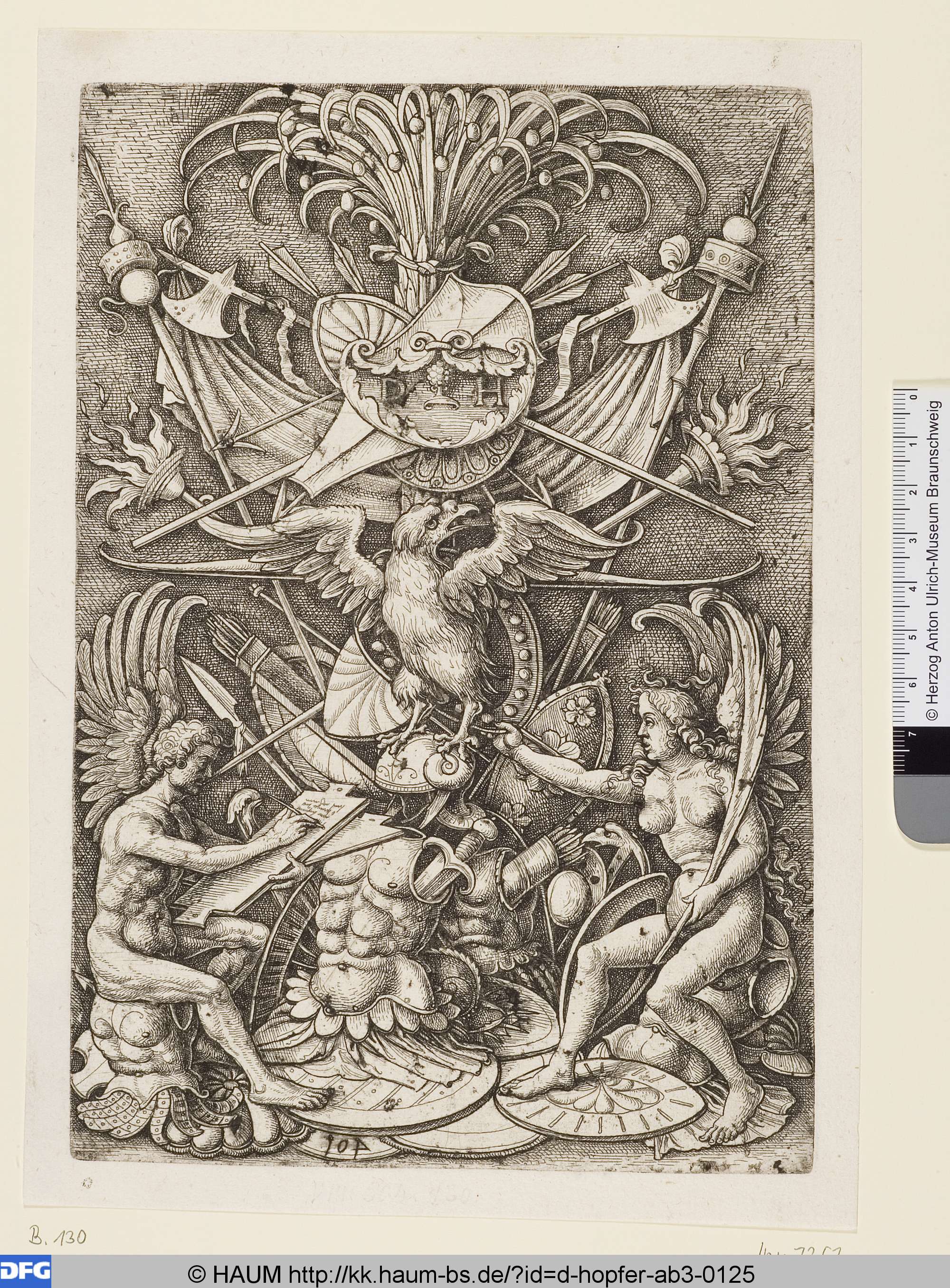 Waffentrophäe unten Geschichte und Sieg sitzend, David Funck, 1504–1536