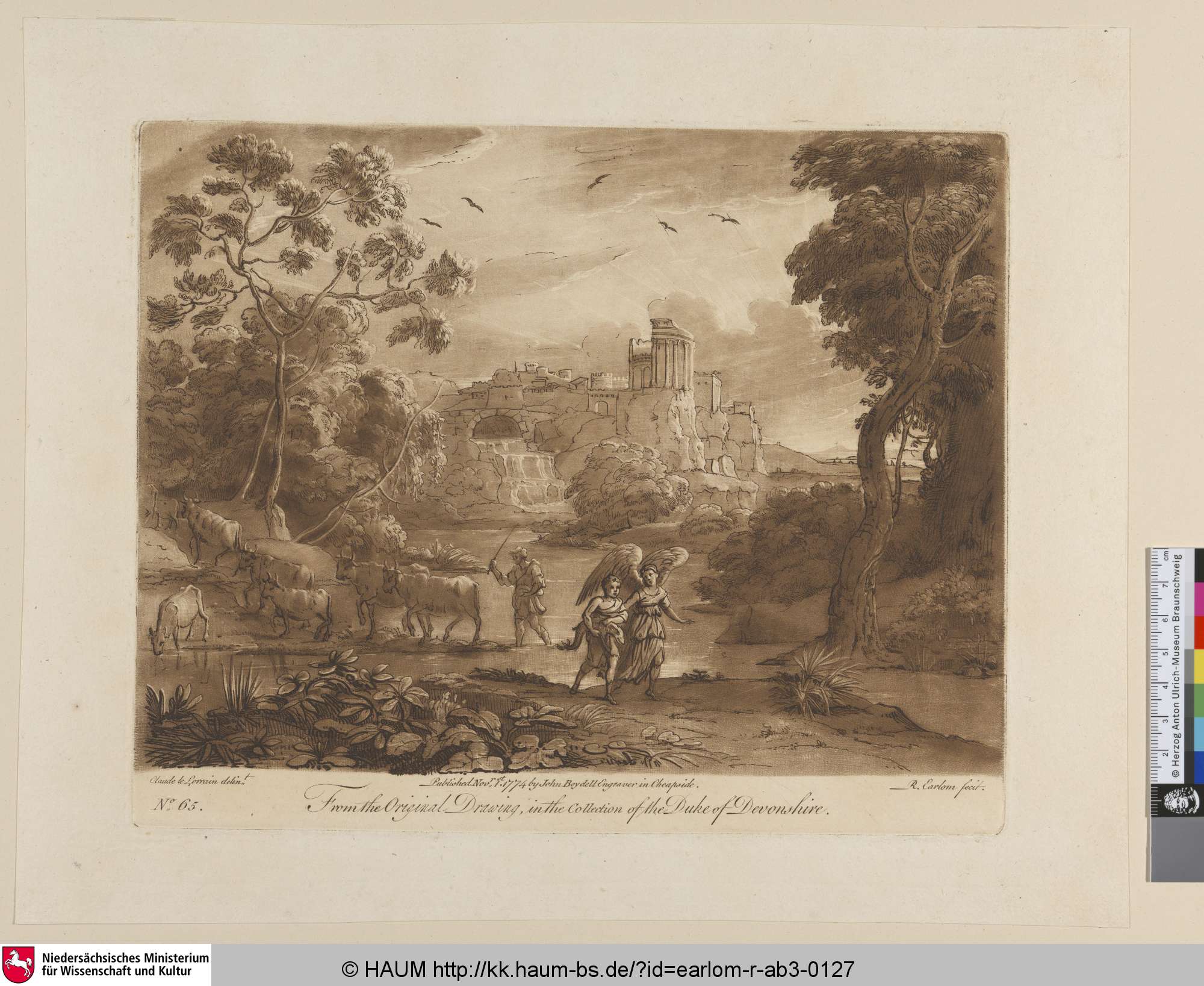 [Landschaft mit Tobias und dem Engel; A Landscape, with Cattle, and the Story of Tobias and the Angel, the Temple of the Sybil seen on a Hill], John Boydell, 1774