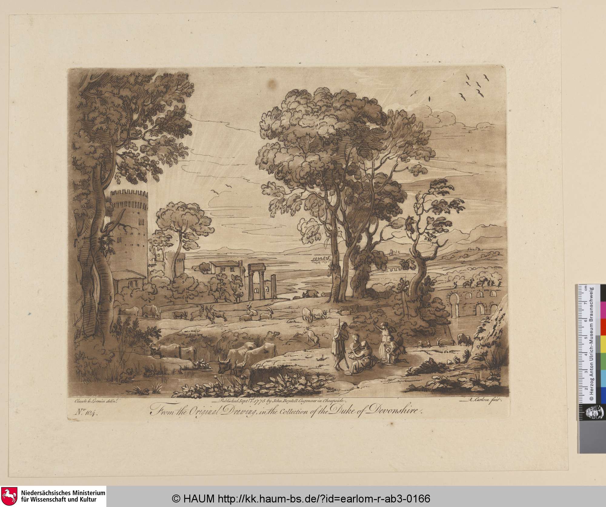 [Landschaft mit Hirten, Tempelsäulen und Brücke.; A Landscape, with Buildings and Cattle.], John Boydell, 1775