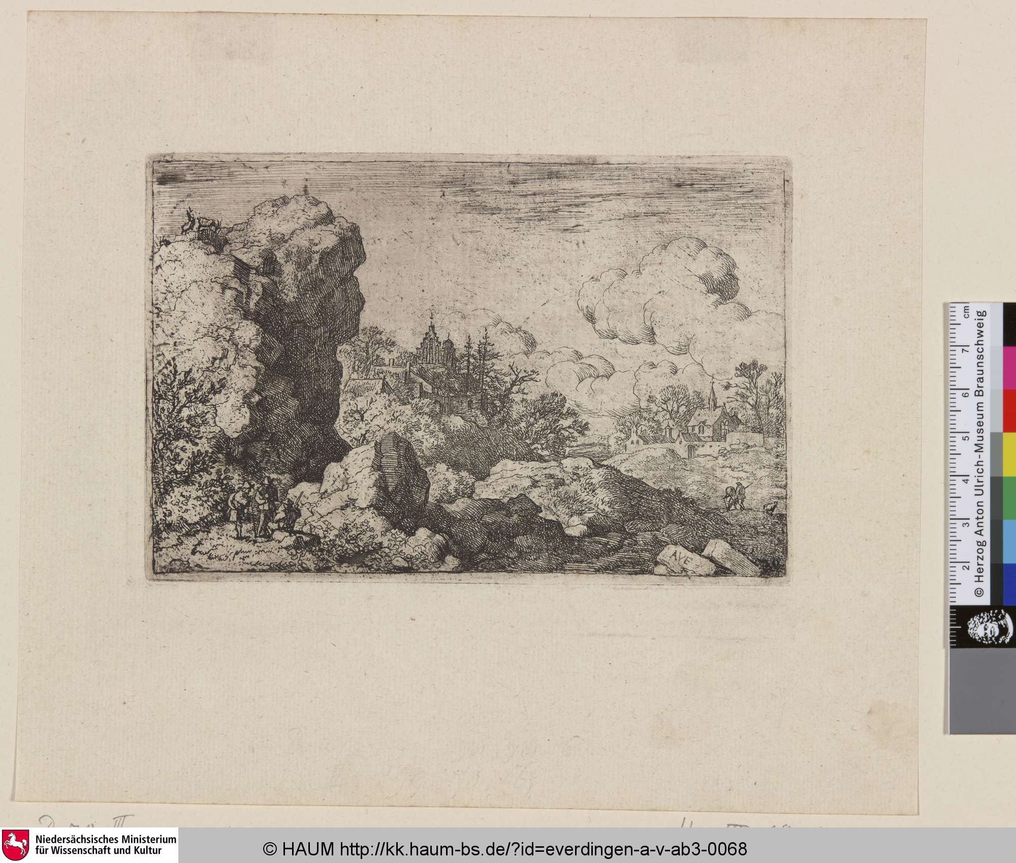 [Die drei Reisenden am Fuße des Berges; Les trois voyageurs au pied du grand rocher; The Three Travellers at the Foot of the High Rock], Allaert van Everdingen, 1641–1675