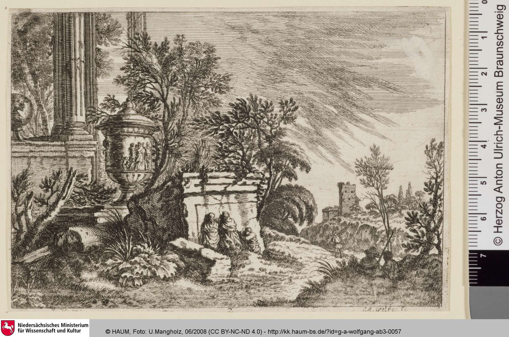 [Landschaft mit Säule, Burg und zwei Figuren im rechten Vordergrund], Jonas Umbach, 1651–1716