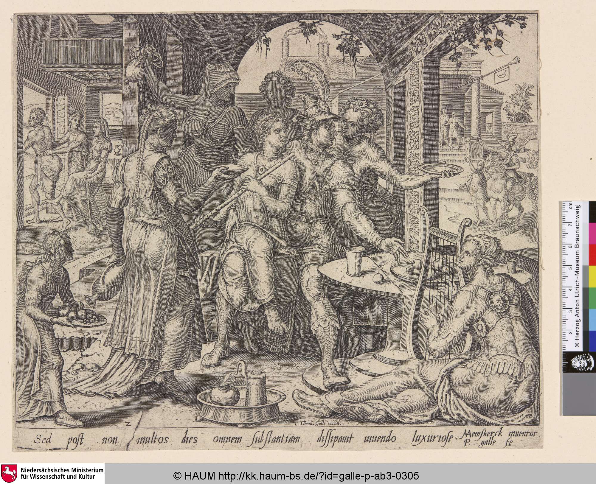 [The prodigal son squandering his inheritance on harlots; Der verlorene Sohn verschwendet sein Erbe für Frauen], Philip Galle, 1562