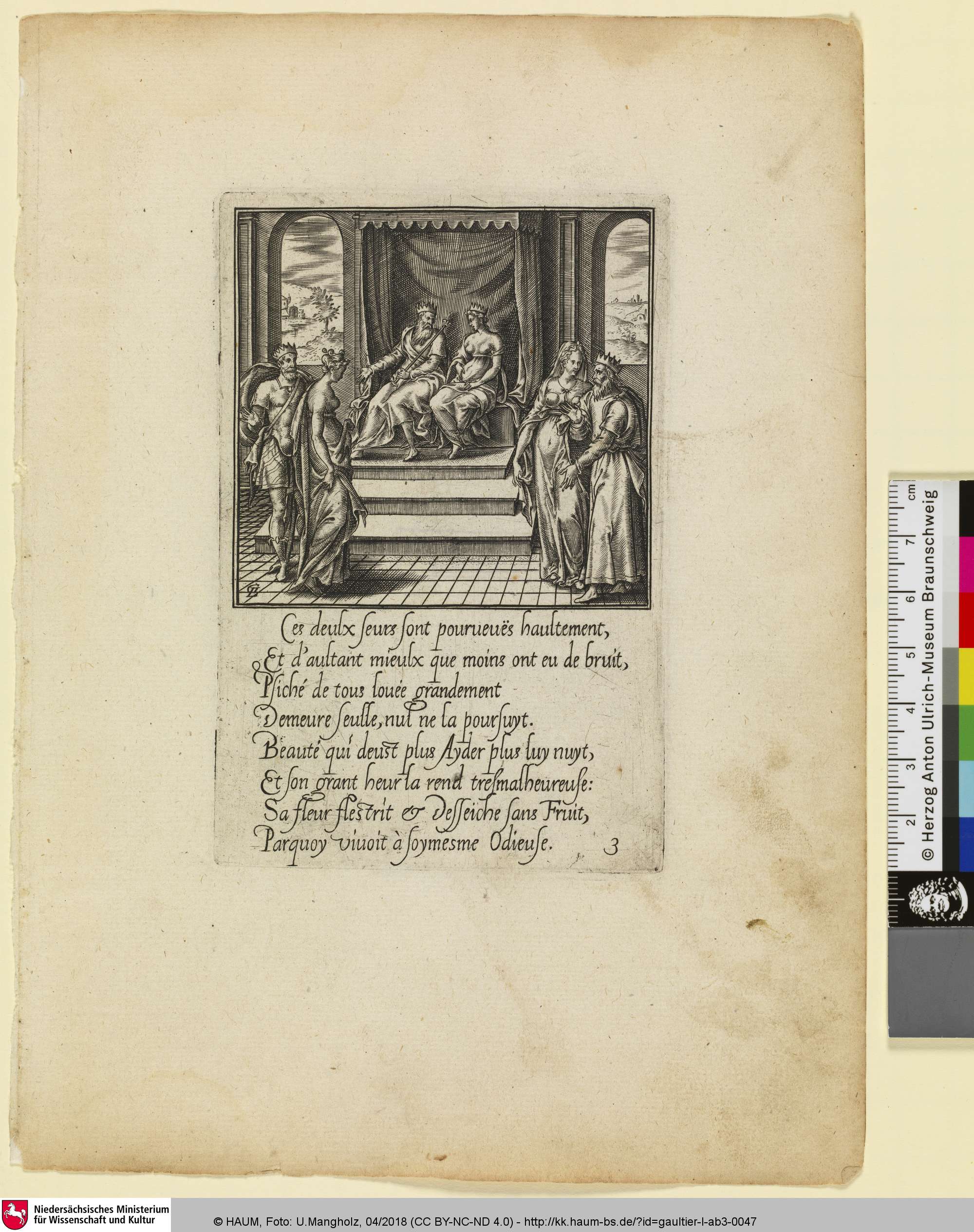 [Die zwei Schwestern der Psyche werden an zwei Könige verheiratet; Le roi et la reine sont assis sur un trône [...] on voit, de chaque côté, une des sœurs de Psyché accompagnée d'un roi; The two sisters of Psyché are married to kings [...]], Michiel Coxie, 1586