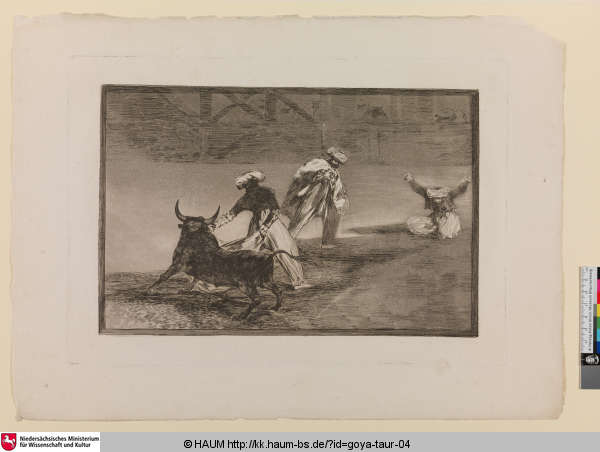 Capean otro encerrado [Sie reizen den anderen Stier mit der Capa in einer geschlossenen Kampfbahn; They play another with the cape in an enclosure], Francisco Goya, 1816