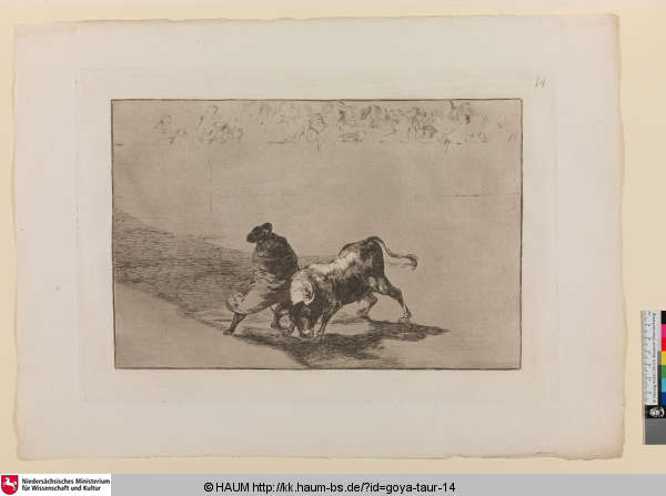 El diestrísimo estudiante de Falces, embozado burla al toro con sus quiebros [Der äußerst geschickte "Student von Falces" reizt, in seinen Mantel gehüllt, den Stier durch die Wendungen seines Körpers; The very skilfull student of Falces, wrapped in his cape, tricks the bull with the play of his body], Francisco Goya, 1816