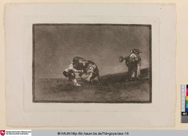 El mismo vuelca un toro en la plaza de Madrid [Derselbe bringt den Stier in der Arena von Madrid zu Fall; The same man throws a bull in the ring at Madrid], Francisco Goya, 1816