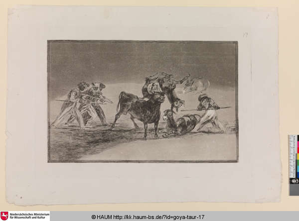 Palenque de los moros hecho con burros para defenderse del toro embolado [Wie sich die Mauren der Esel bedienen, um sich gegen den Stier, der Holzkugeln auf den Hörnern trägt, zu verteidigen; The Moors use donkeys as a barrier to defend themselves against the bull whose horns have been tipped with balls], Francisco Goya, 1816