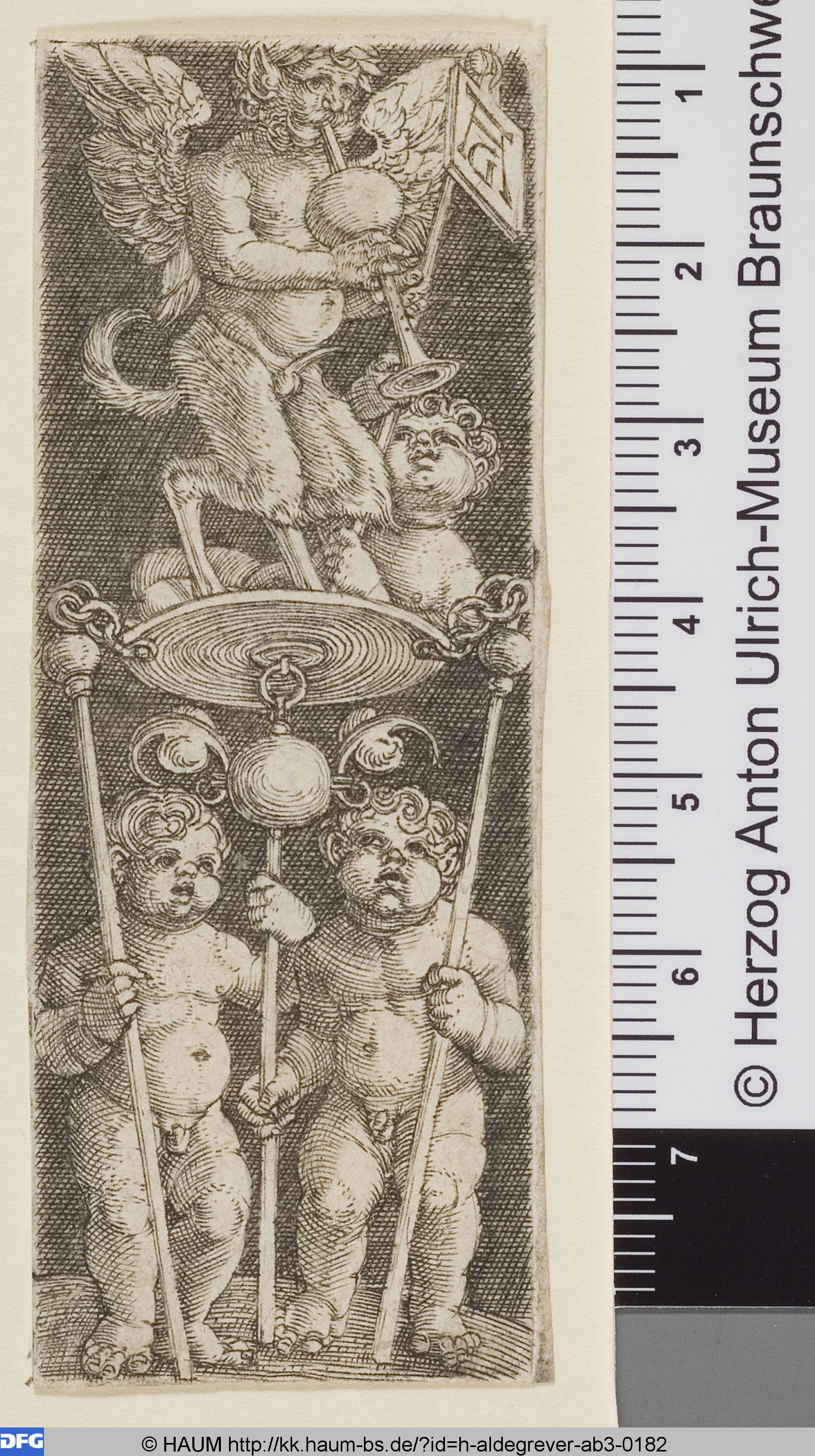 Satyr musizierend von zwei Putten getragen, Hochfüllung, Heinrich Aldegrever, 1526–1550