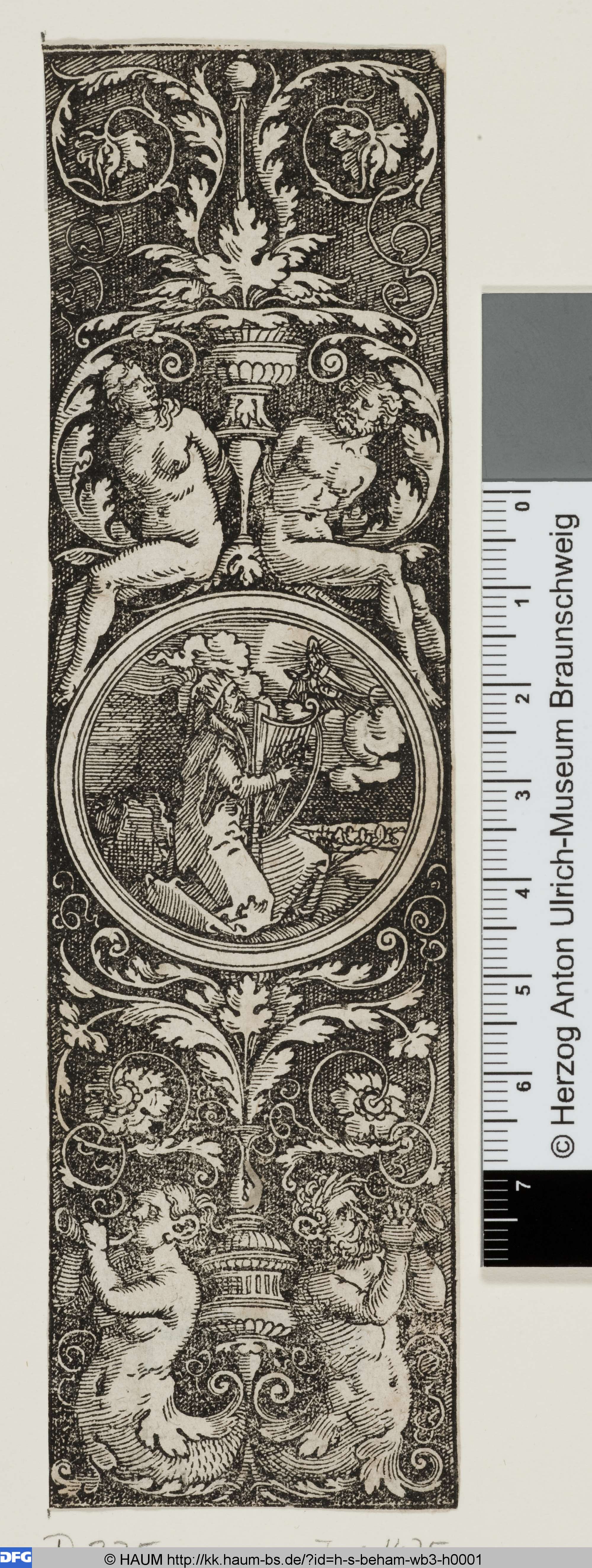 Hochfüllung mit Triton, Nereide und Rankenwerk, darin Medaillon mit dem Harfe spielenden David, Hans Sebald Beham, 1533–1534