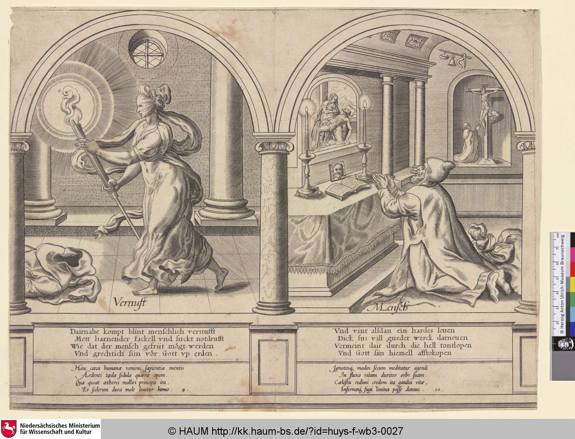 [Zwei biblische Allegorien: Blinder Einfallsreichtum / Büßender Mann; Two biblical allegories: Blind ingenuity / Penitant man], Frans Huys, 1546–1562