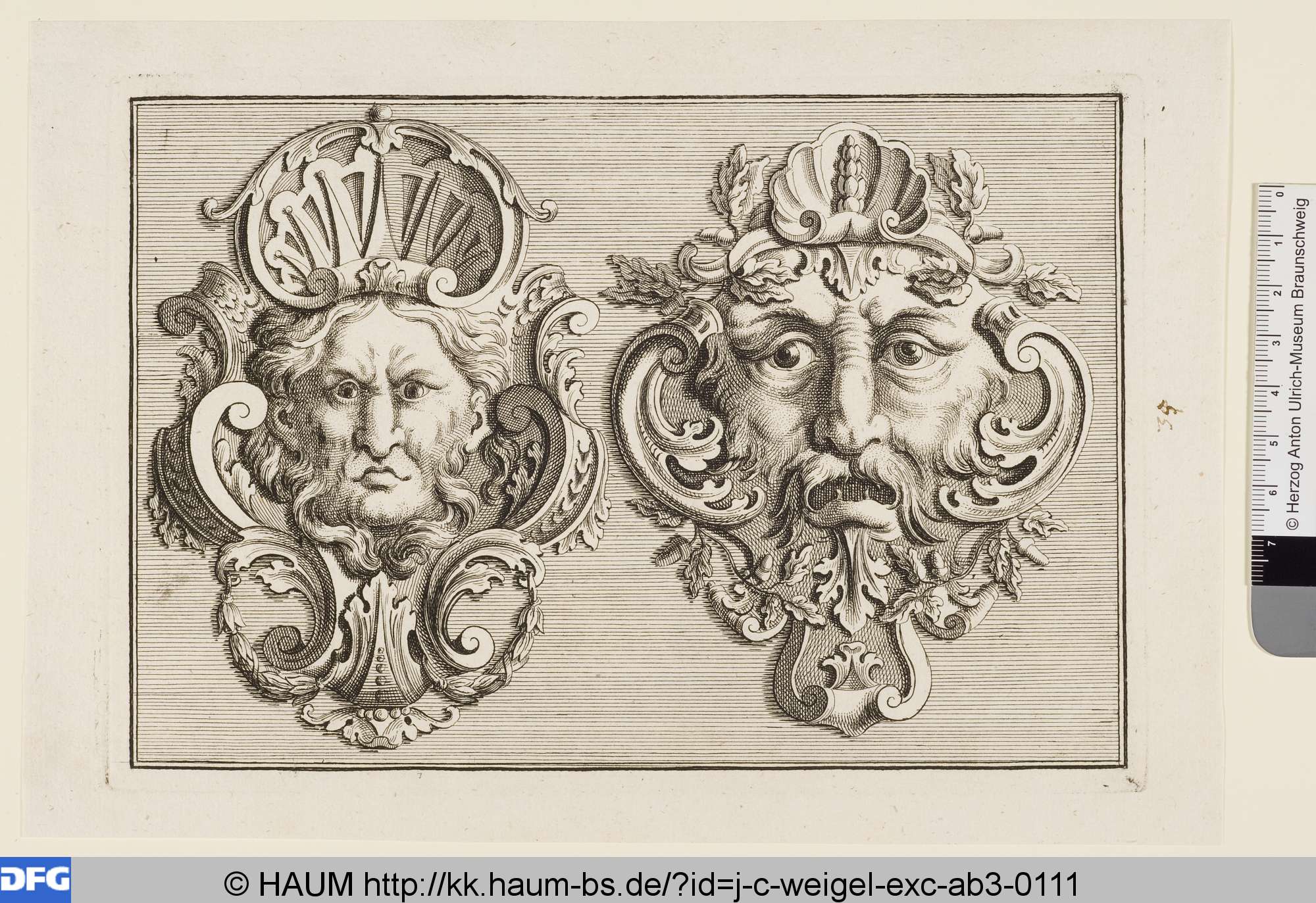 Zwei männliche Masken: die linke mit großer Krone, die rechte von Eichenlaub umgeben, Johann Leonard Eysler, 1681–1726
