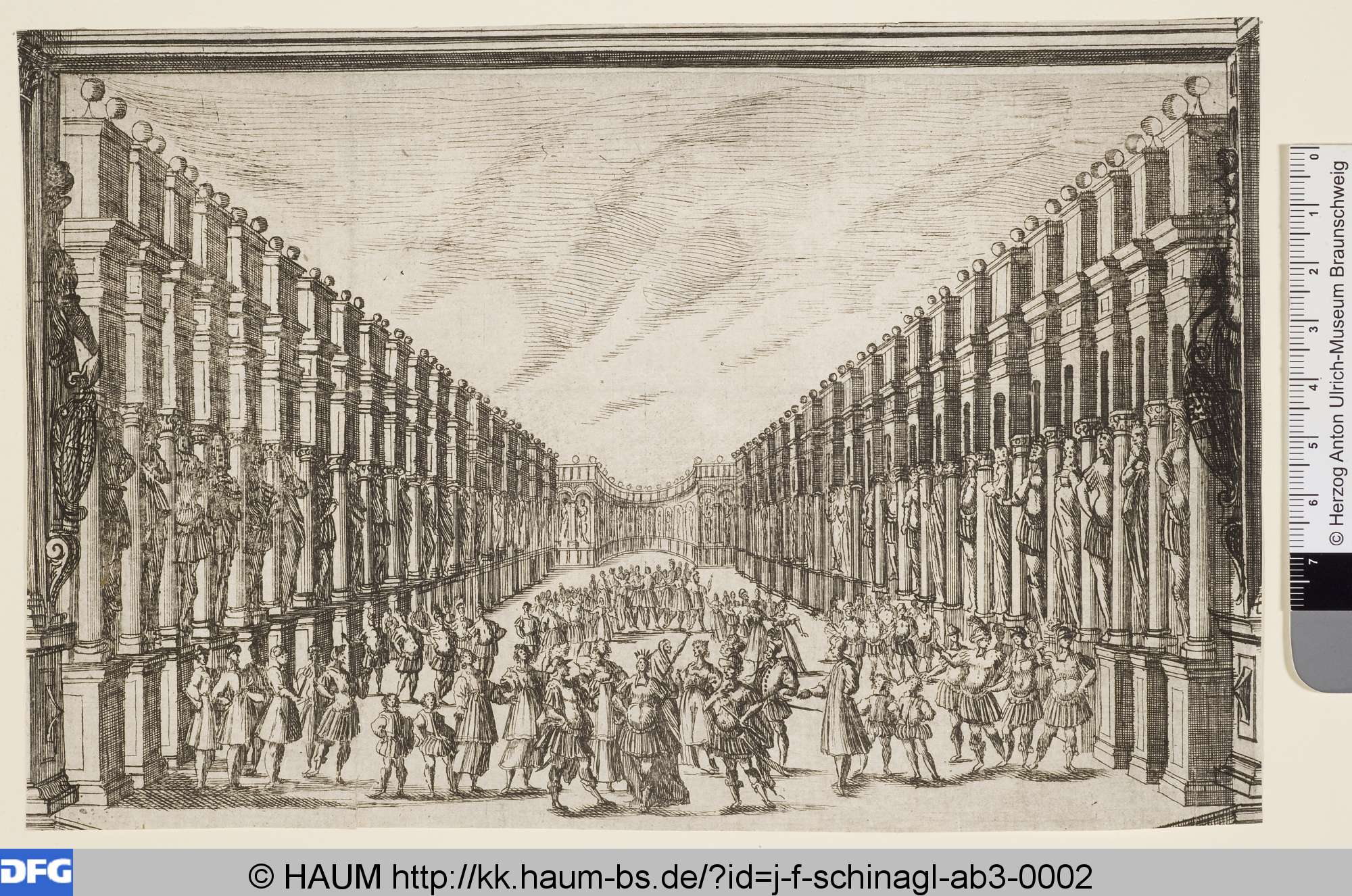 König und Gruppe von Frauen, umgeben von einer Menschenmenge, Bühnenbild, Kaspar Amort, 1675–1701