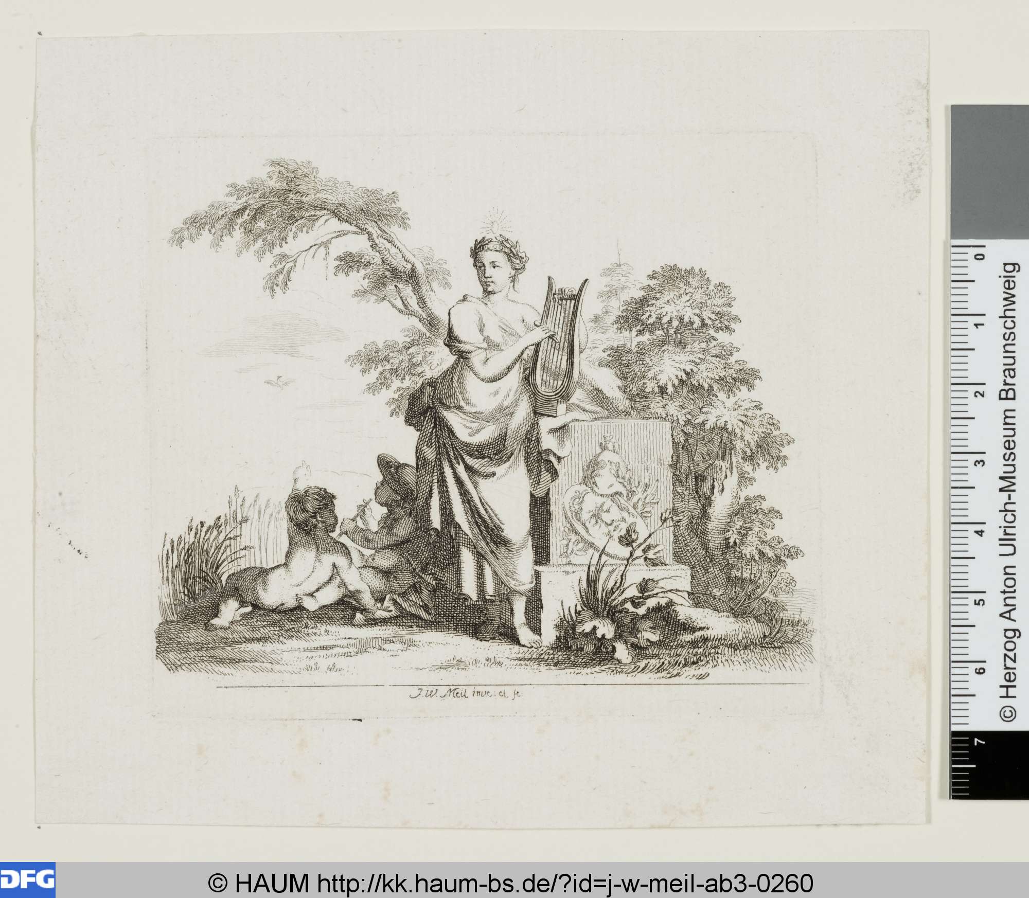Muse mit Leier und zwei Genien neben einem Denkmal, Johann Wilhelm Meil, 1753–1805