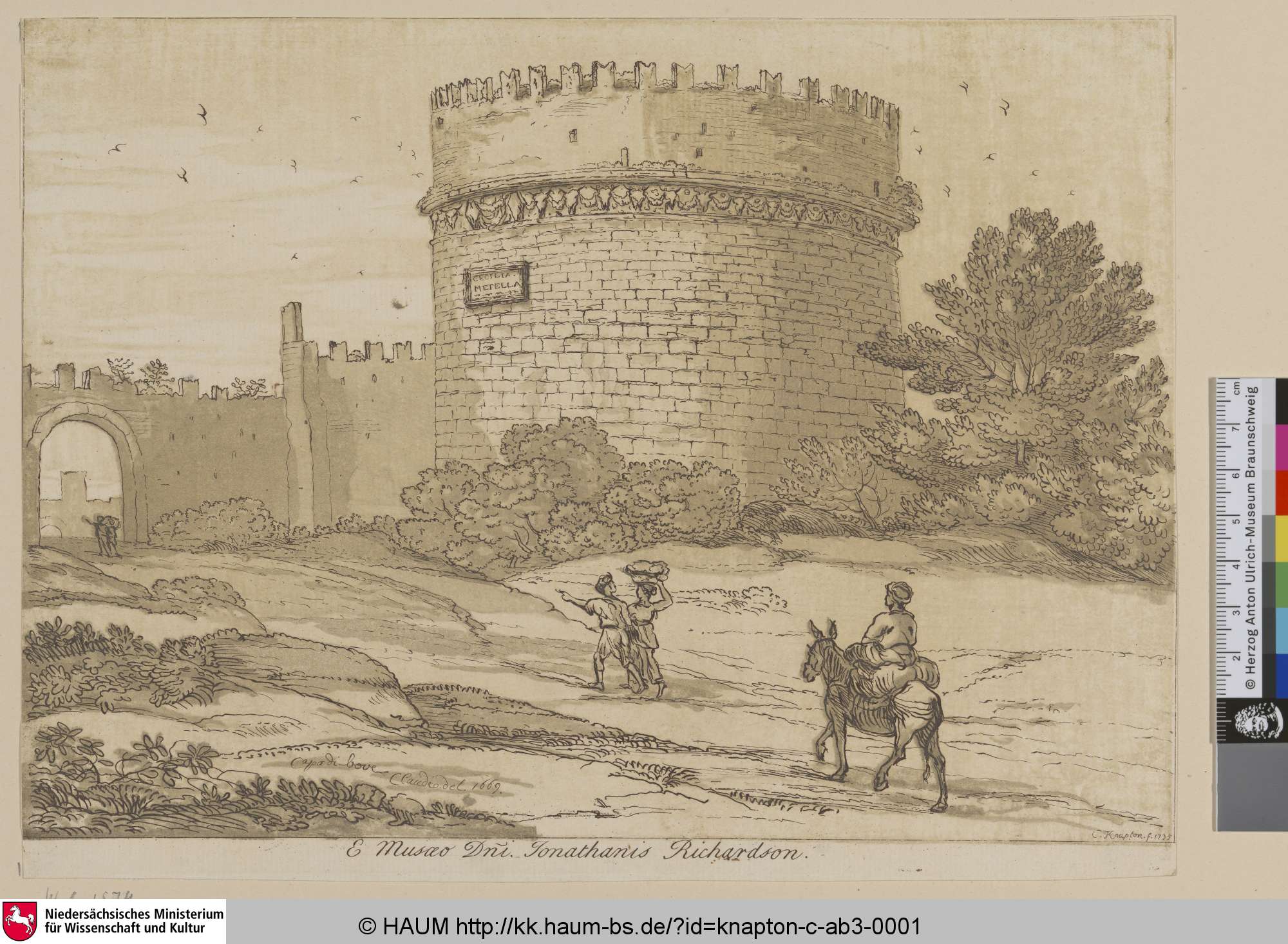 [Ansicht des Grabmals der Cäcilia Metella vor Rom mit Reisenden.], Charles Knapton, 1732–1735