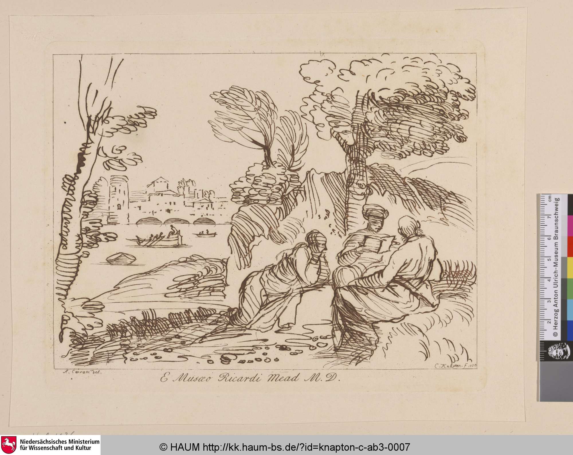 [Landschaft mit drei Figuren, von denen eine liest.], Charles Knapton, 1735