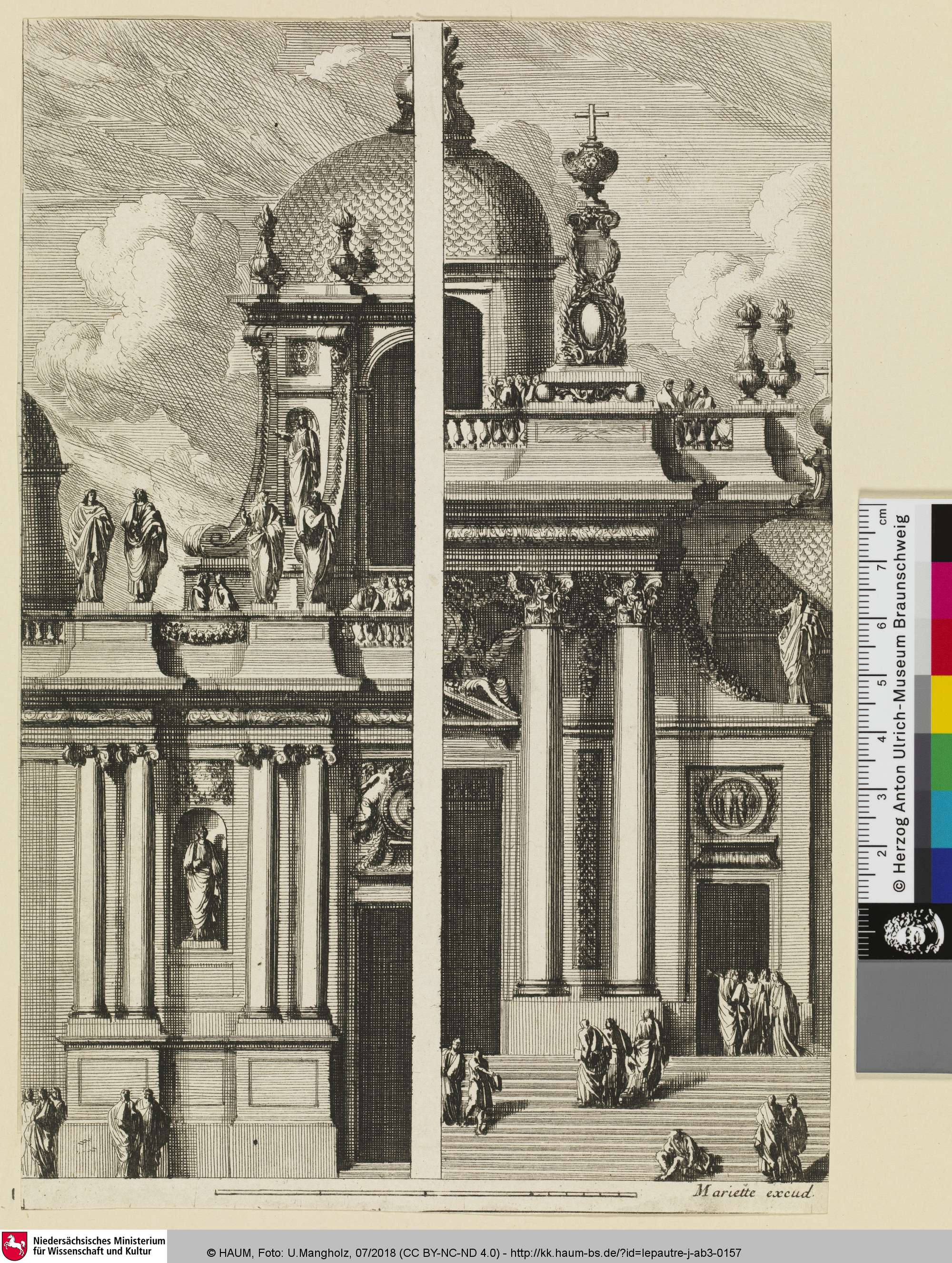 [Zwei Halbfassaden mit Kuppelaufbauten, rechts mit einem auf verzierten Kartuschen krönenden Kreuz; Deux demi-facades], Jean Le Pautre, 1638–1682