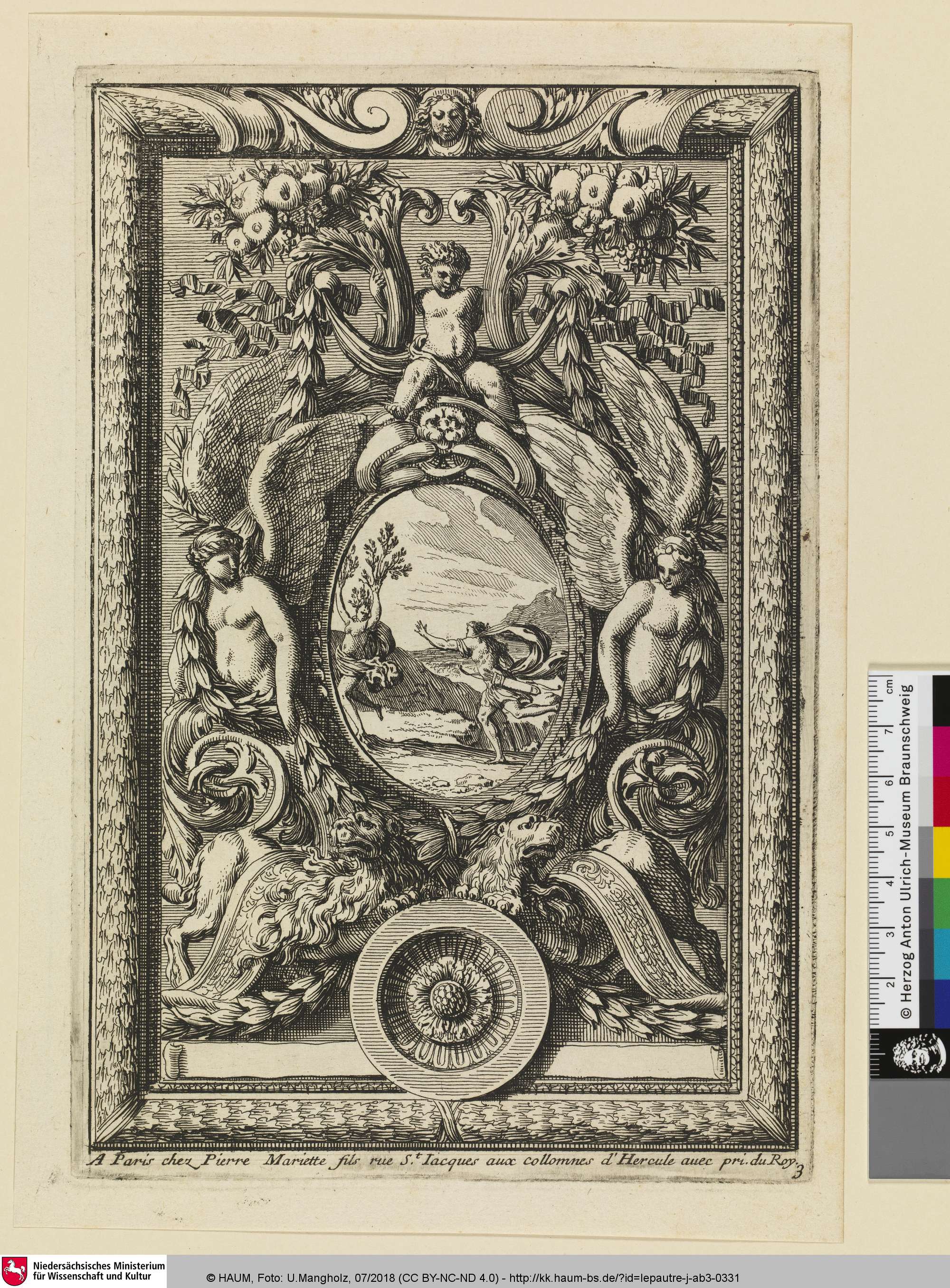 [Ornamentale Dekoration mit Apollon und Daphne in einer ovalen Kartusche; Panneau au milieu duquel on voit, dans un ovale, Apollon poursuivant Daphné], Jean Le Pautre, 1638–1657