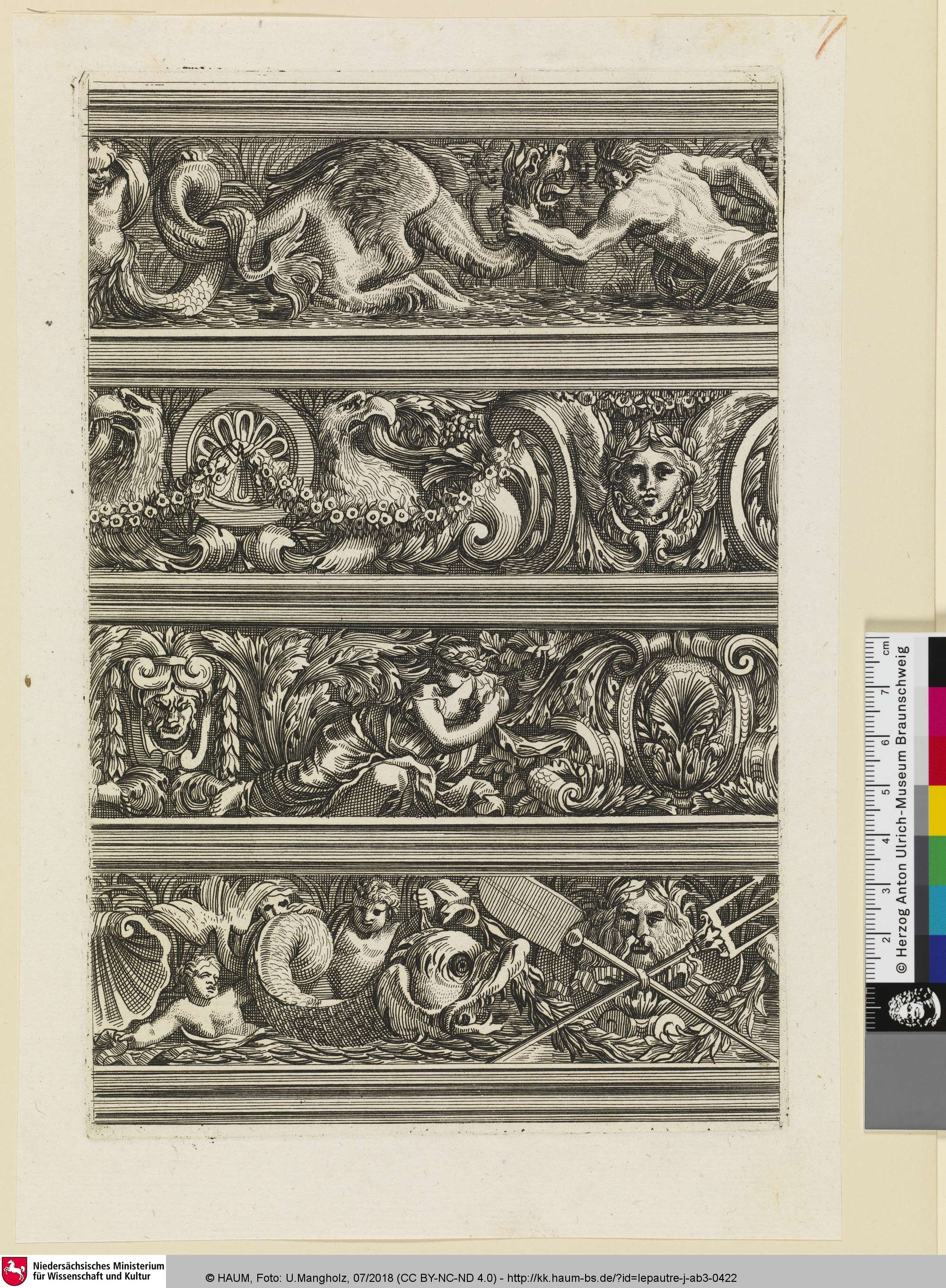 [Vier Entwürfe für Friese mit Putto mit Satyrmaske, Waffen, einem Bacchanal mit Satyr und einem Greif mit Füllhorn; Sur la frise du haut, un homme. à gauche étranglant un monstre marin], Жан Лепотр, 1638–1732