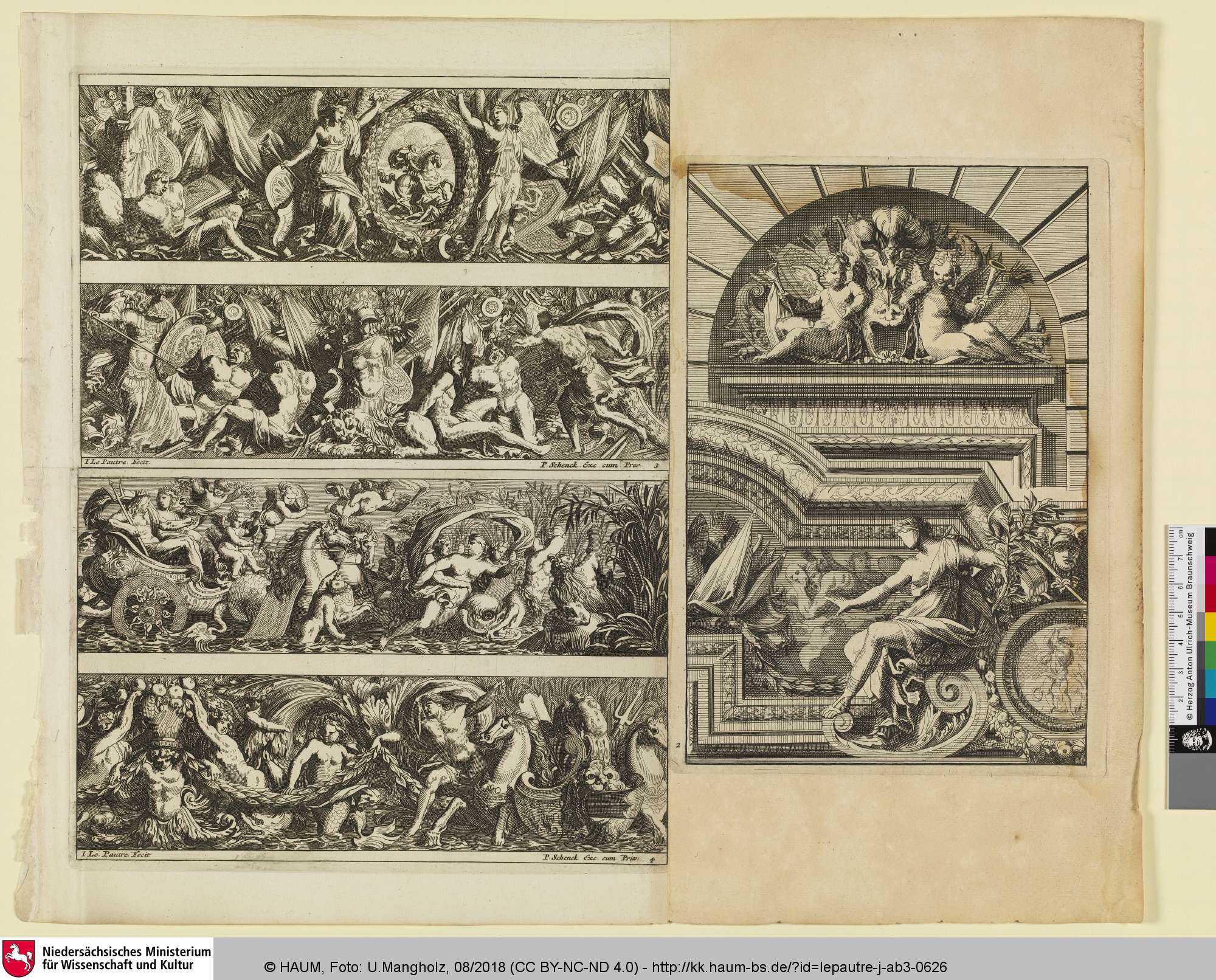[Vier Friese, das obere mit einer Kartusche mit einem Reiterbildnis; Frises de trophées d'armes], Peter Schenk, 1638–1711