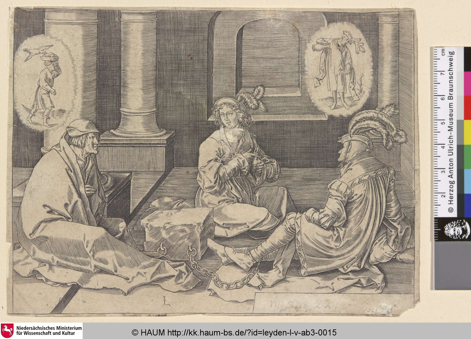 [Josef im Gefängnis; Josef deutet die Träume seiner Mitgefangenen; Joseph Interpreting the Dreams in Prison; Gen. 40, 5-19], Lucas van Leyden, 1512