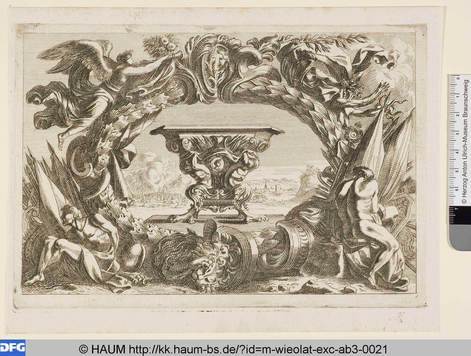 [Vorlageblatt für ein von zwei männlichen Torsi gestützes Postament, gerahmt von einer in zwei Varianten geteilten Kartusche mit Trophäen und zwei flankierenden Gefangenen], Jean Le Pautre, 1690–1700