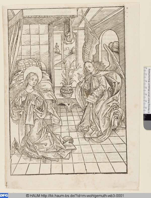 Buchseite aus: Fridolin, Stephan: Schatzbehalter. Nürnberg: Anton Koberger, 1491, fol. 53 [Der funffundzweintzigist figur zum andern mal; Die Verkündigung], Michael Wolgemut, 1491