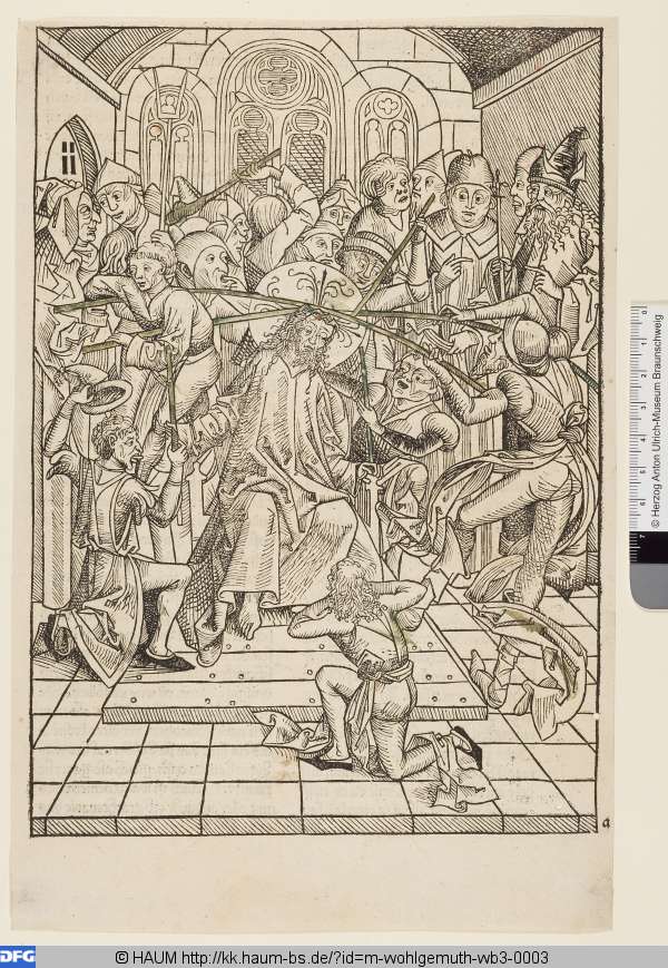 Buchseite aus: Fridolin, Stephan: Schatzbehalter. Nürnberg: Anton Koberger, 1491, fol. 117 [Die zwuvndsibentzigist figur; Die Verspottung Christi], Michael Wolgemut, 1491