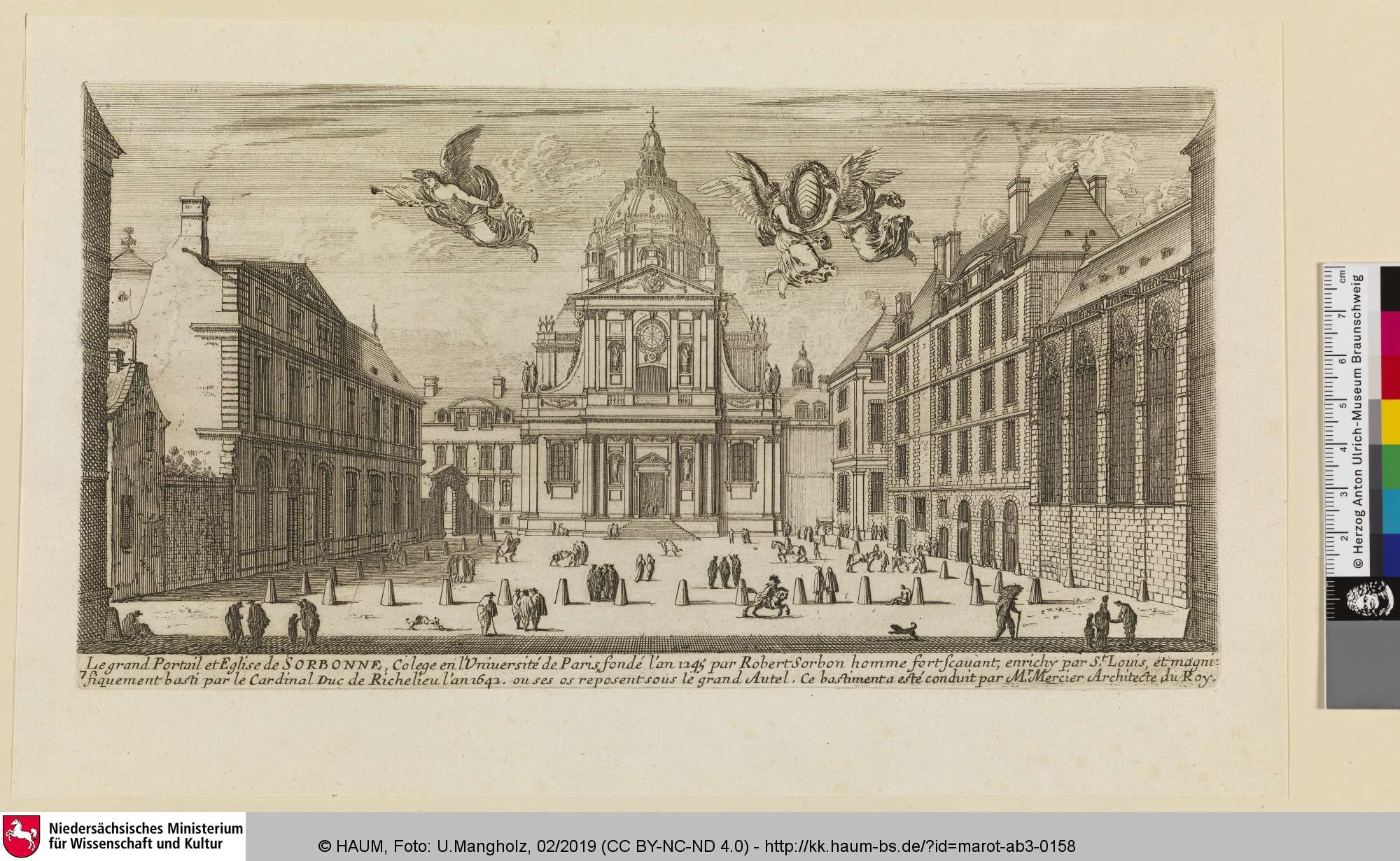 RECEUIL DES PLUS BEAUX EDIFICES ET FRONTISPICES DES EGLIZES DE PARIS, Le grand Portail et Eglise de SORBONNE, Bl. 7 [Ansicht des Portals und der Kirche der Sorbonne], Jean Marot, 1640–1655