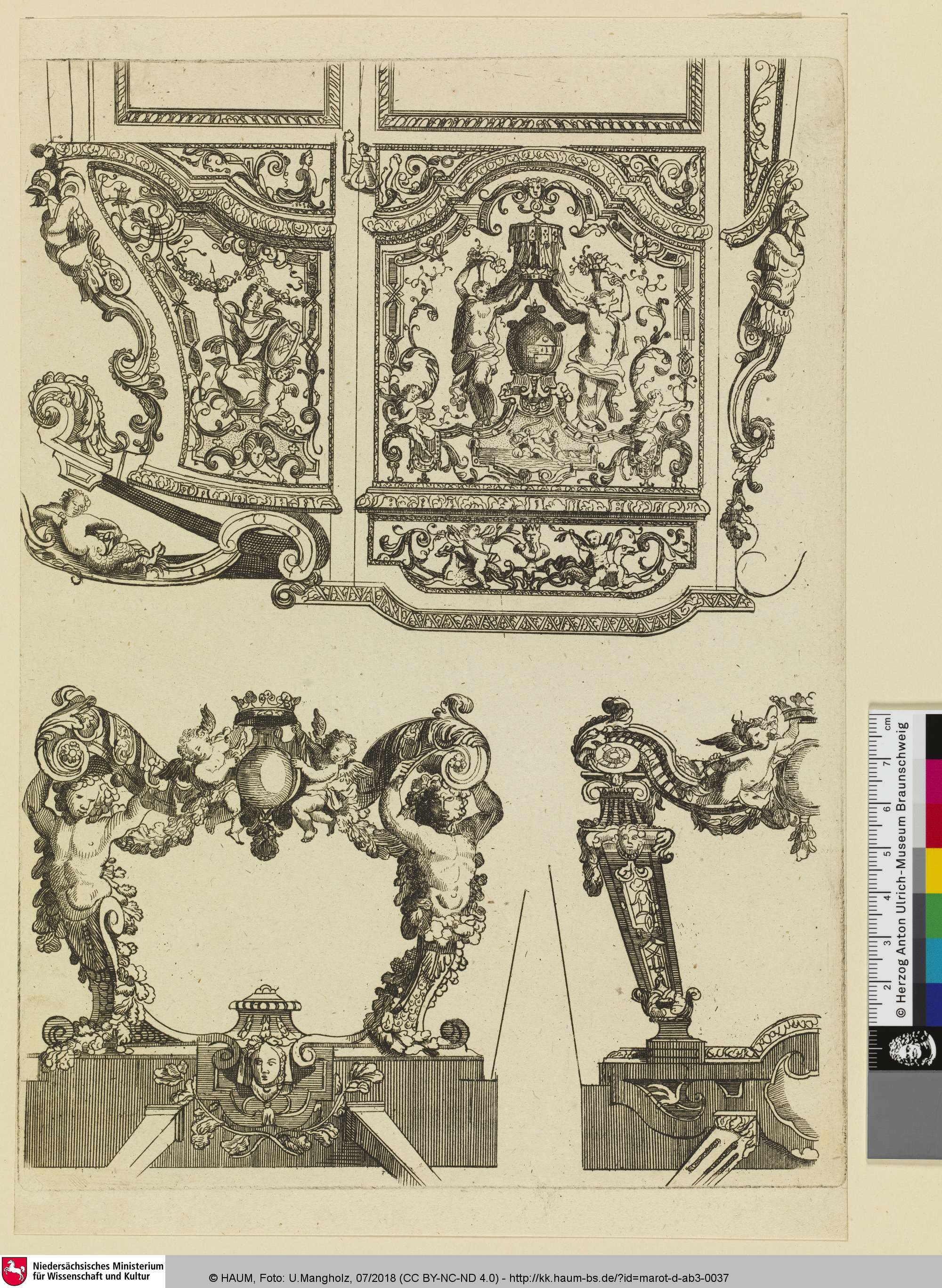 [Manefiecke Caros, van zyn Majesteit van Groot Bretagnie; gemaakt in den Haag, den 20 Iuly 1698; Seitenansicht und Detailansichten eines Tragestuhls], Daniel Marot, 1698