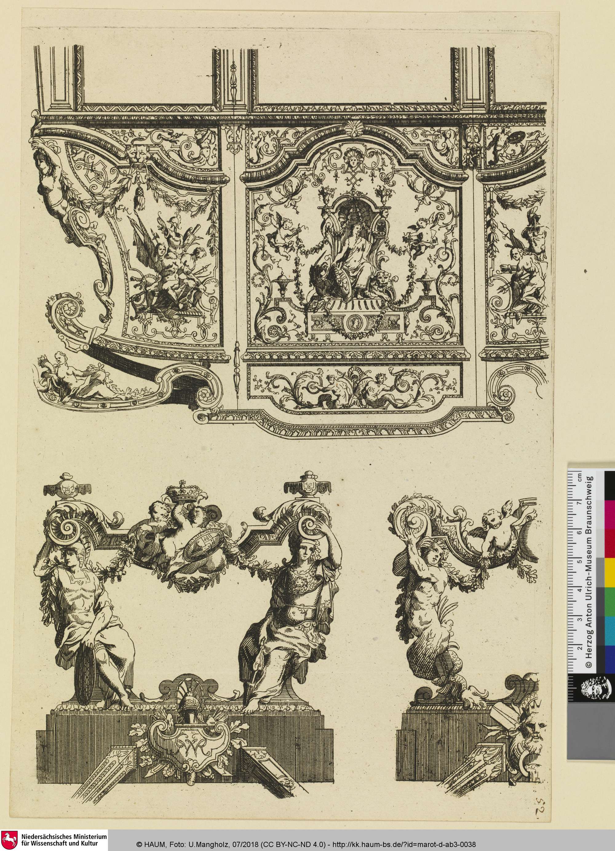 [Manefiecke Caros, van zyn Majesteit van Groot Bretagnie; gemaakt in den Haag, den 20 Iuly 1698; Seitenansicht und Detailansichten eines Tragestuhls], Daniel Marot, 1698